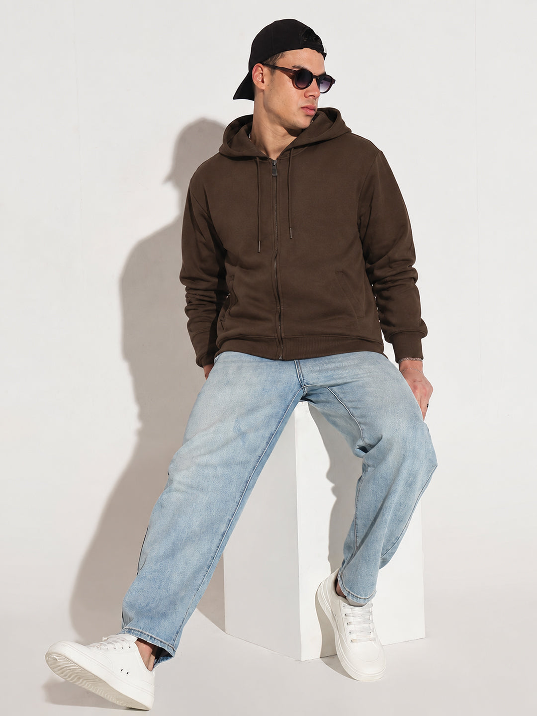 Men’s Coffee Brown 360 GSM Hooded Zip-Up Sweatshirt with Drawstring and Pockets