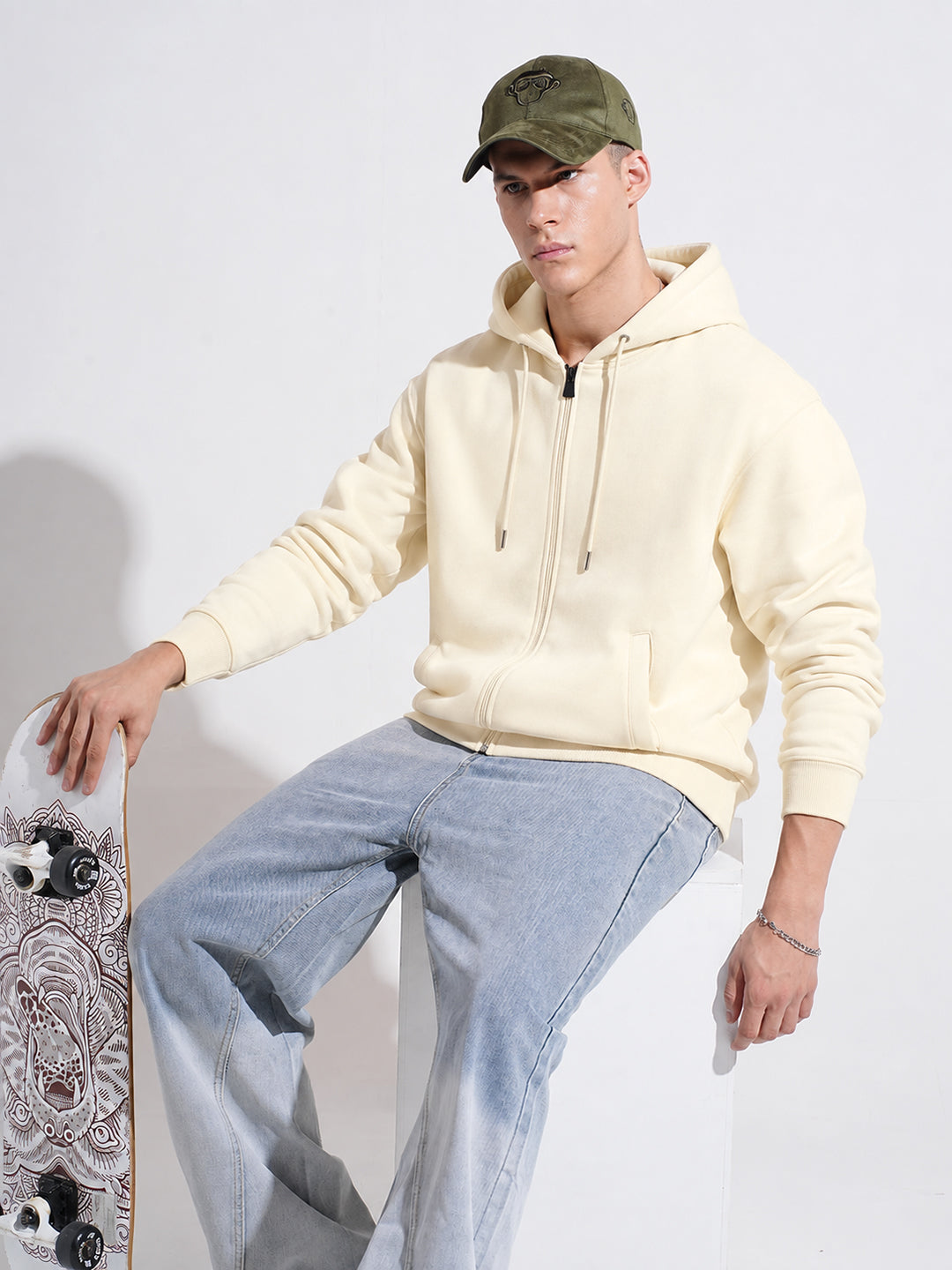 Men’s Cream 360 GSM Hooded Zip-Up Sweatshirt with Drawstring and Pockets