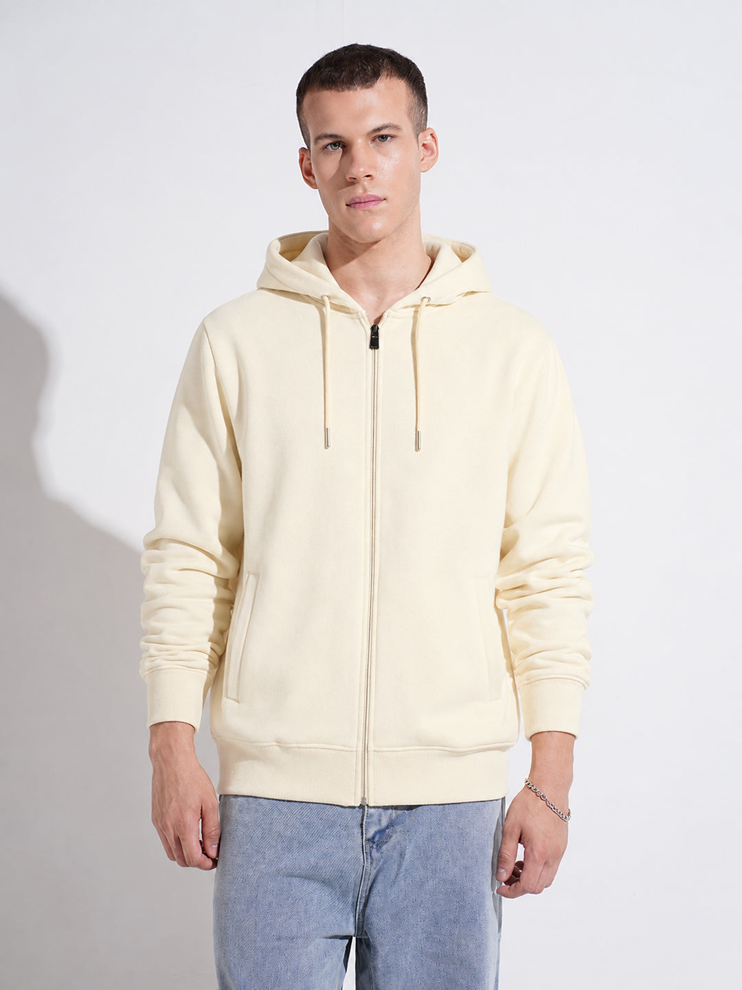 Men’s Cream 360 GSM Hooded Zip-Up Sweatshirt with Drawstring and Pockets
