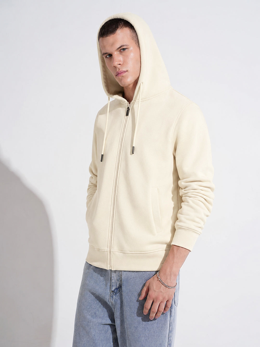 Men’s Cream 360 GSM Hooded Zip-Up Sweatshirt with Drawstring and Pockets