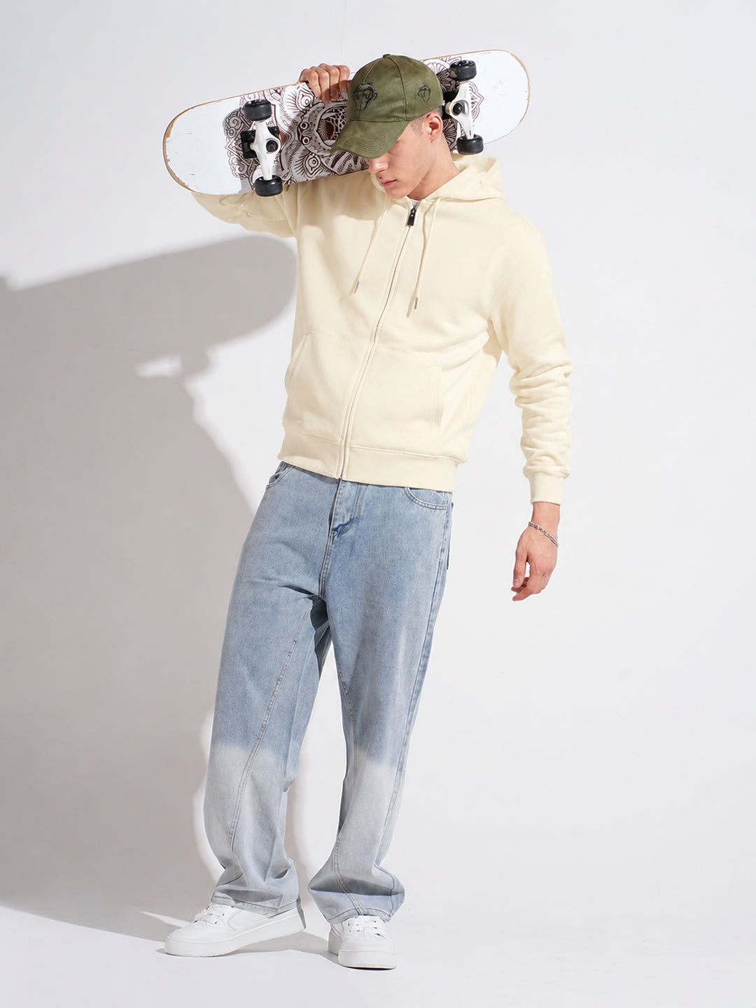 Men’s Cream 360 GSM Hooded Zip-Up Sweatshirt with Drawstring and Pockets