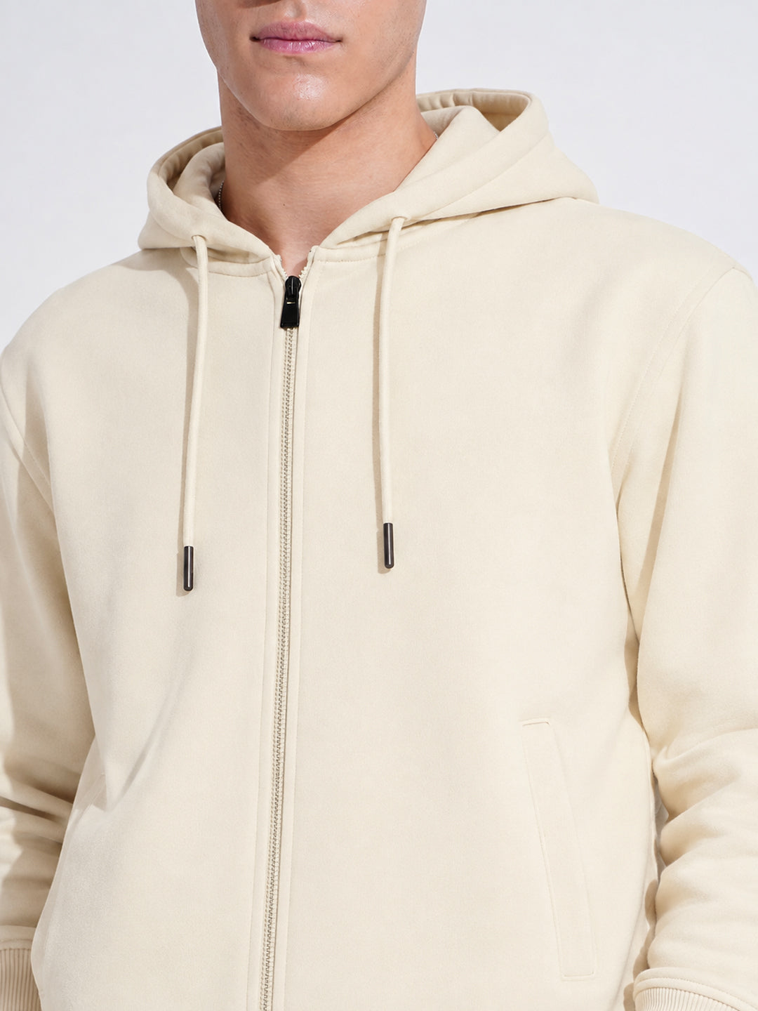 Men’s Cream 360 GSM Hooded Zip-Up Sweatshirt with Drawstring and Pockets
