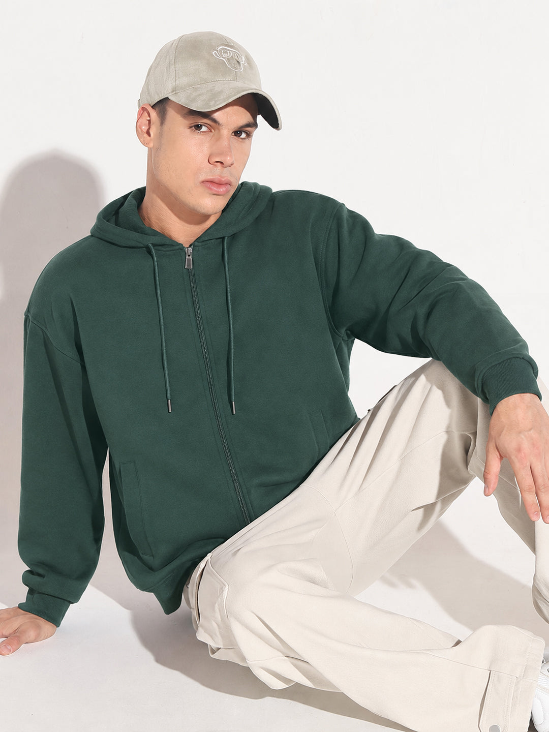Men’s Green 360 GSM Hooded Zip-Up Sweatshirt with Drawstring and Pockets