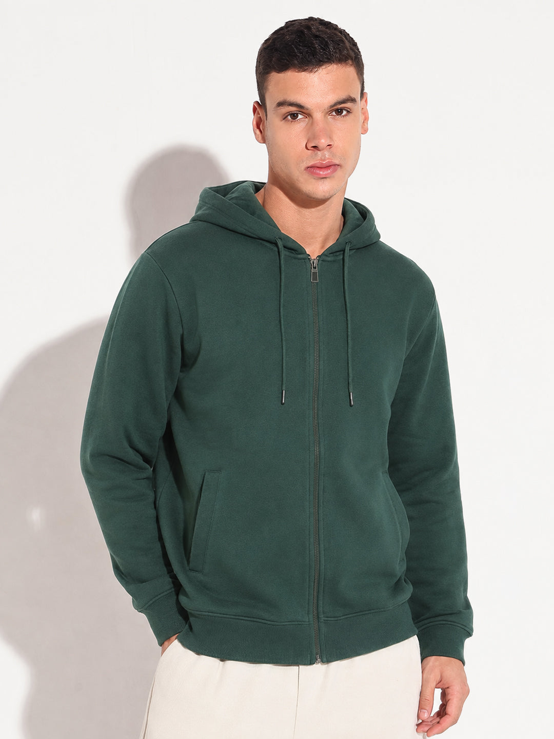 Men’s Green 360 GSM Hooded Zip-Up Sweatshirt with Drawstring and Pockets