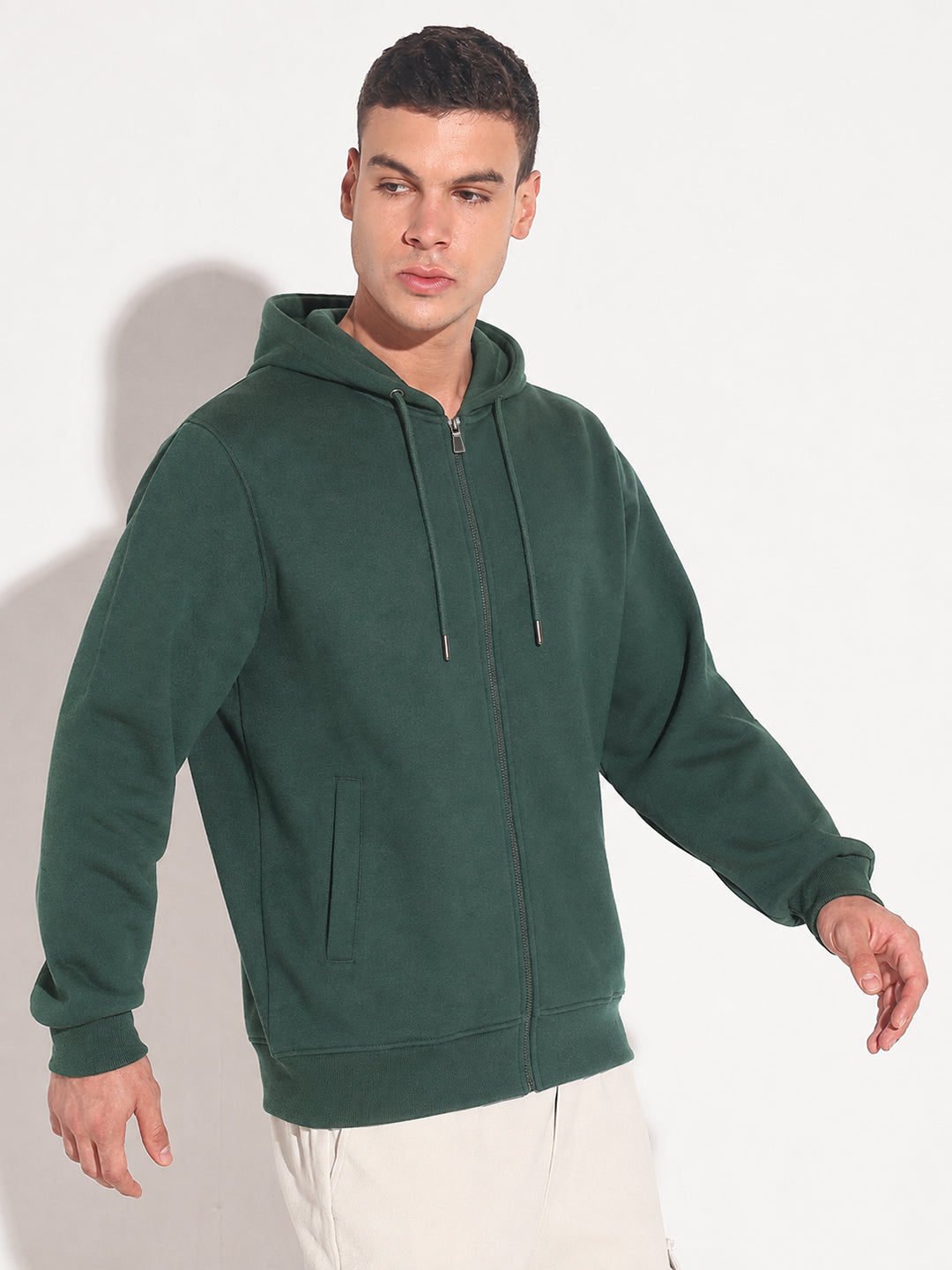 Men’s Green 360 GSM Hooded Zip-Up Sweatshirt with Drawstring and Pockets
