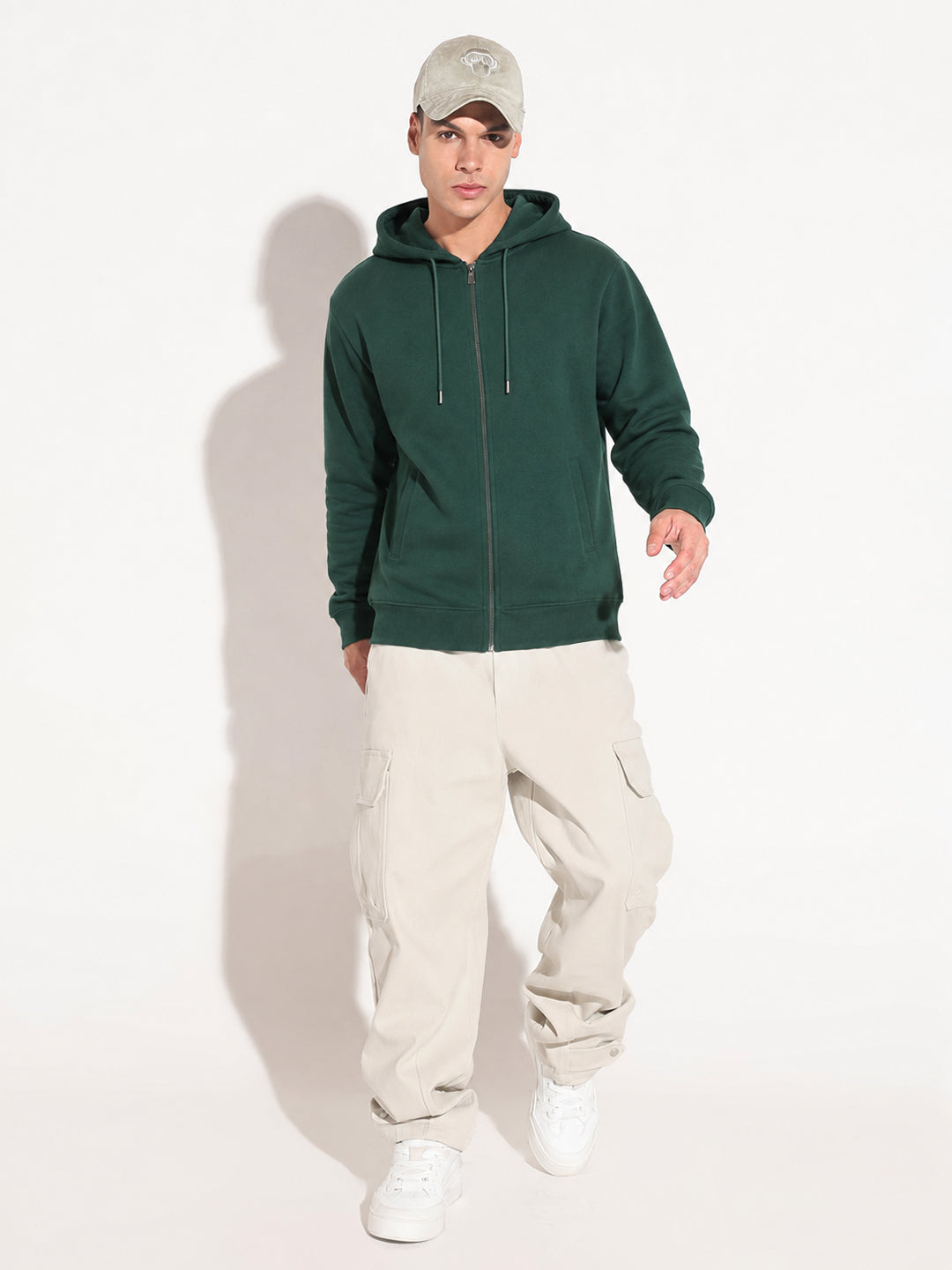 Men’s Green 360 GSM Hooded Zip-Up Sweatshirt with Drawstring and Pockets