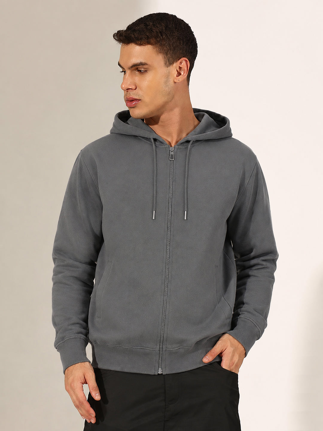 Men’s Grey 360 GSM Hooded Zip-Up Sweatshirt with Drawstring and Pockets
