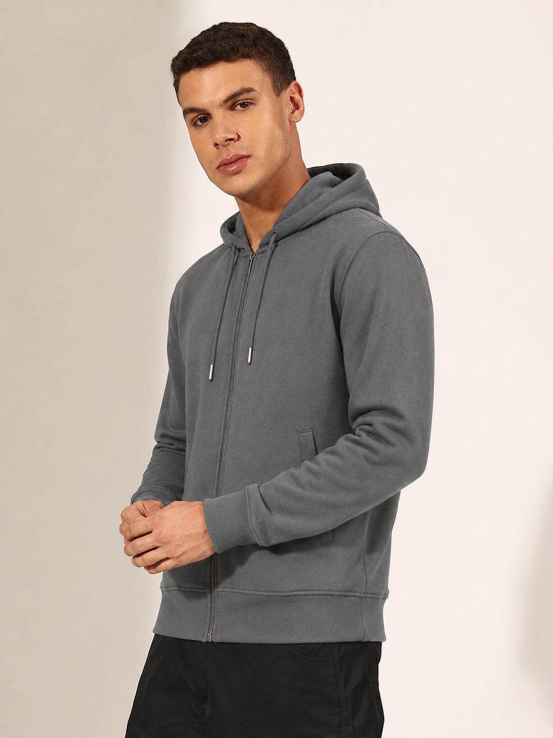 Men’s Grey 360 GSM Hooded Zip-Up Sweatshirt with Drawstring and Pockets