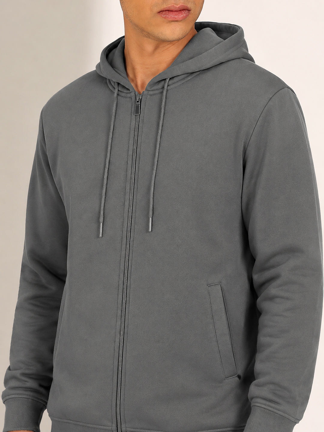 Men’s Grey 360 GSM Hooded Zip-Up Sweatshirt with Drawstring and Pockets