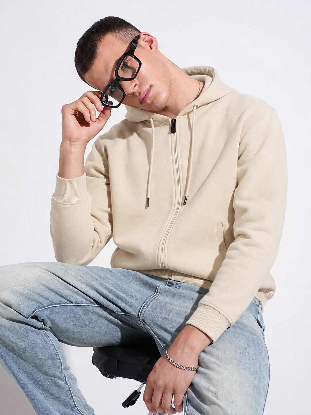 Men’s Light Beige 360 GSM Hooded Zip-Up Sweatshirt with Drawstring and Pockets