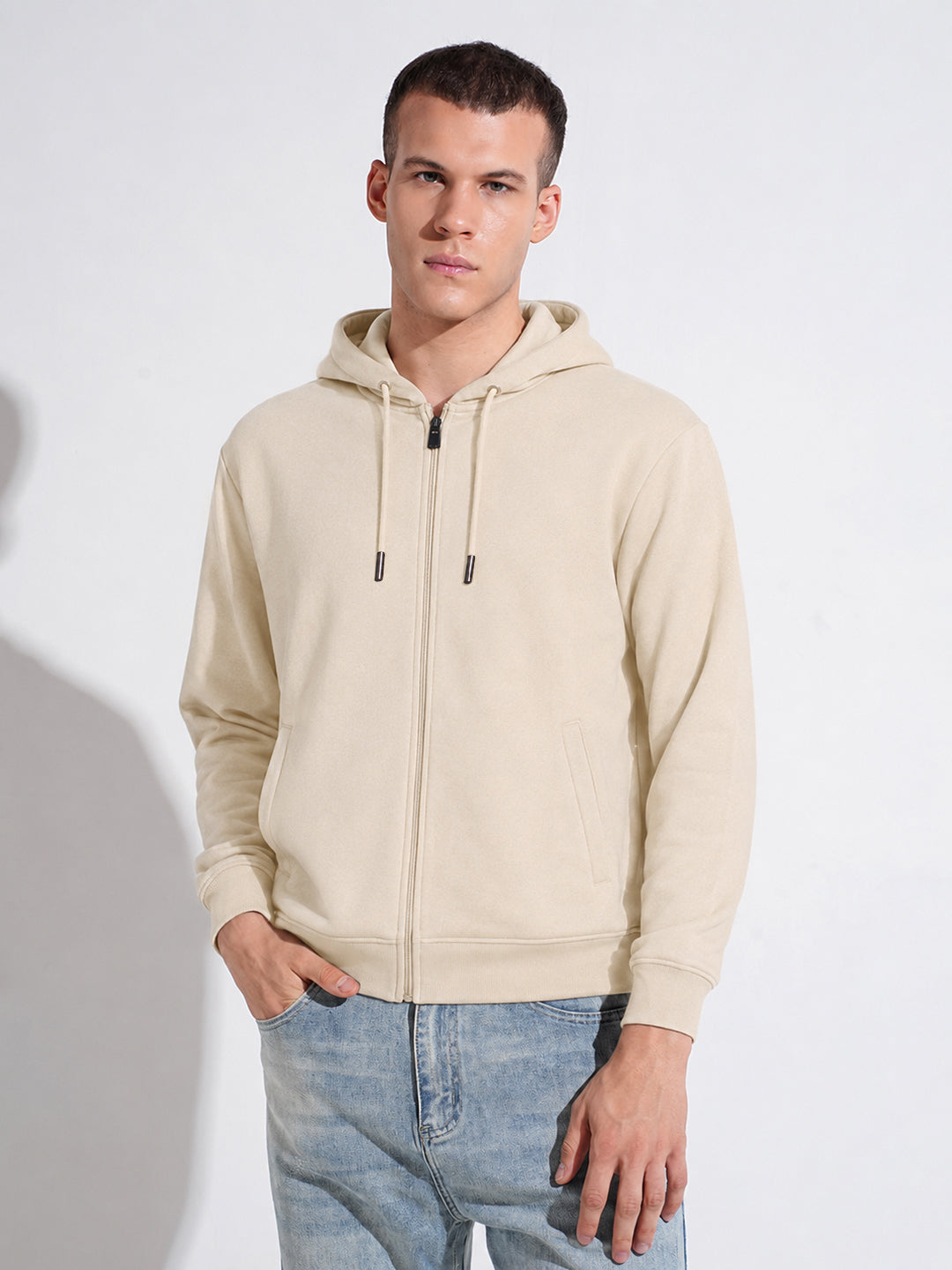 Men’s Light Beige 360 GSM Hooded Zip-Up Sweatshirt with Drawstring and Pockets