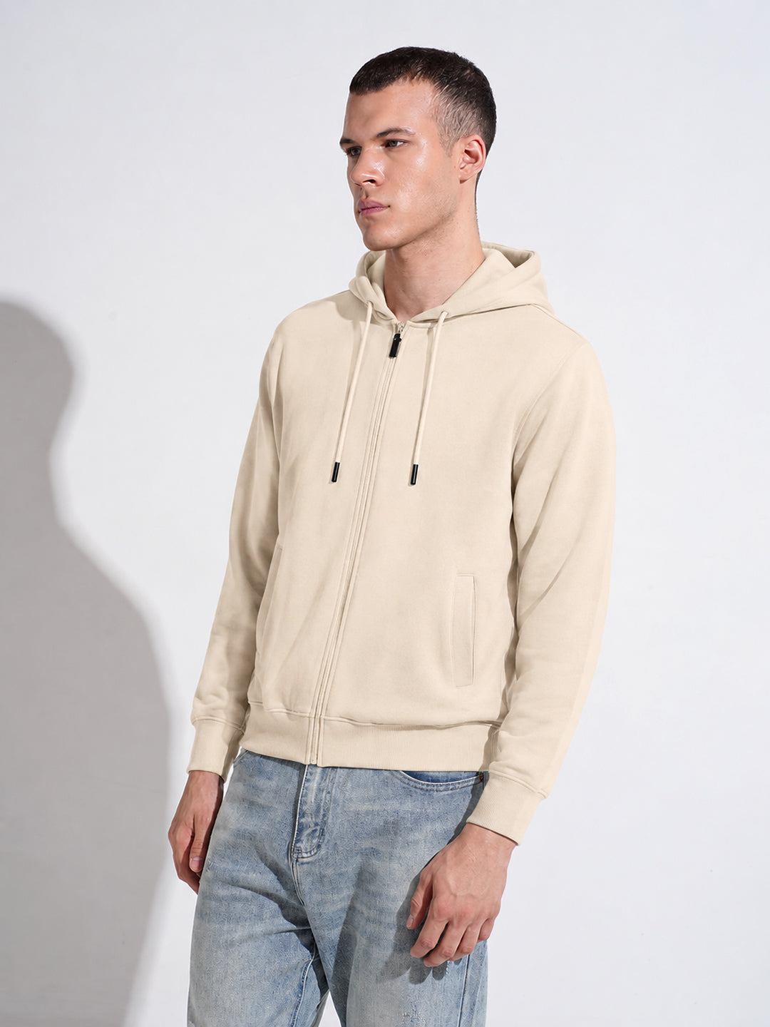 Men’s Light Beige 360 GSM Hooded Zip-Up Sweatshirt with Drawstring and Pockets