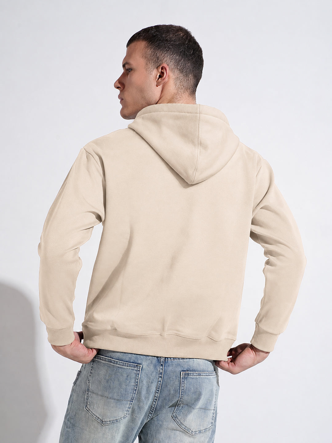 Men’s Light Beige 360 GSM Hooded Zip-Up Sweatshirt with Drawstring and Pockets