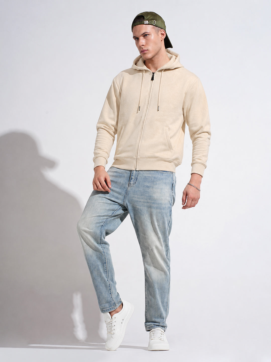 Men’s Light Beige 360 GSM Hooded Zip-Up Sweatshirt with Drawstring and Pockets