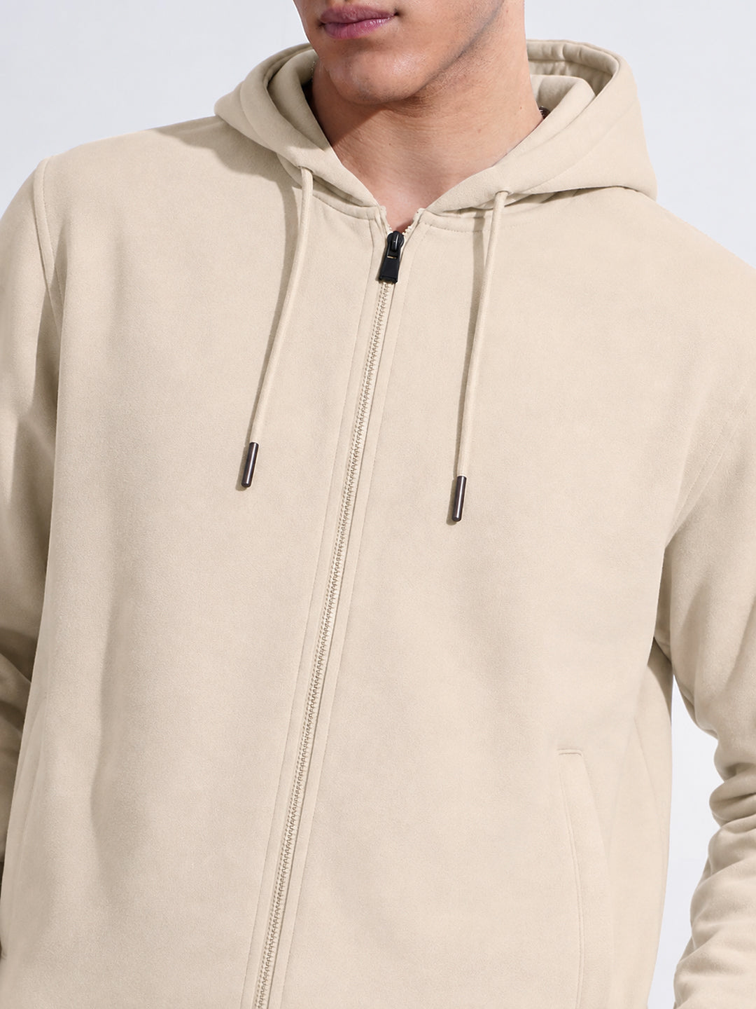 Men’s Light Beige 360 GSM Hooded Zip-Up Sweatshirt with Drawstring and Pockets