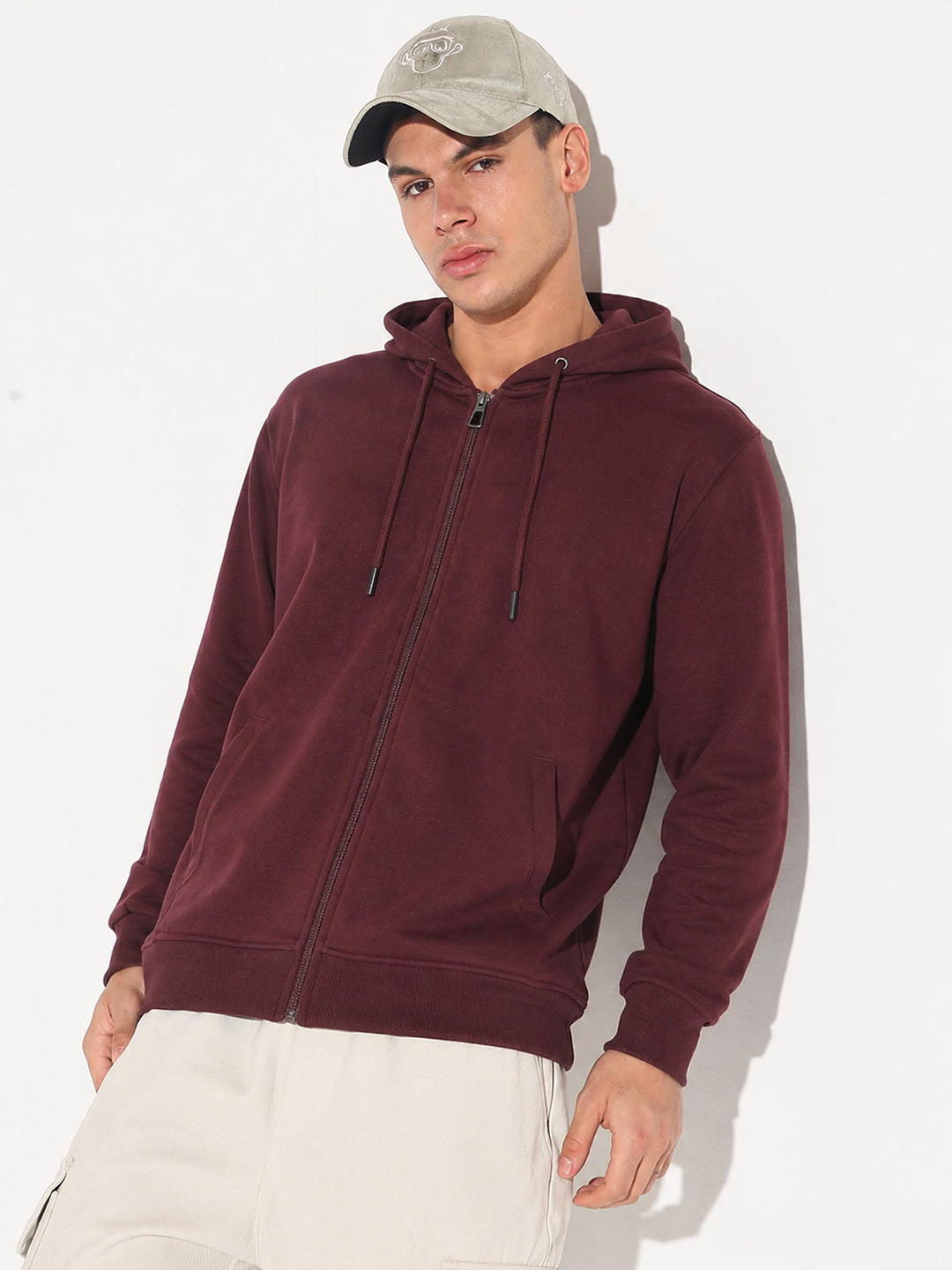 Men’s Maroon 360 GSM Hooded Zip-Up Sweatshirt with Drawstring and Pockets