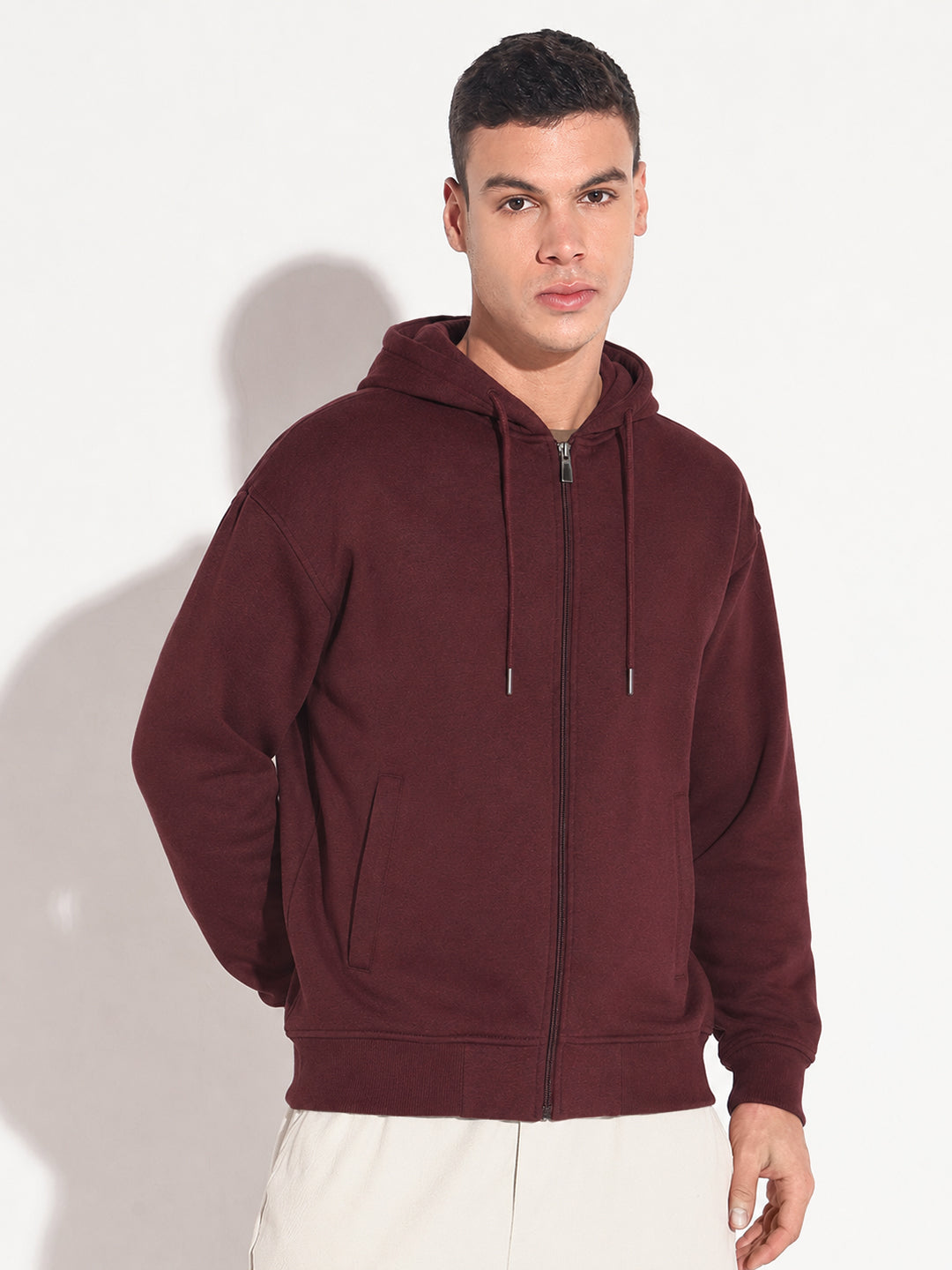 Men’s Maroon 360 GSM Hooded Zip-Up Sweatshirt with Drawstring and Pockets