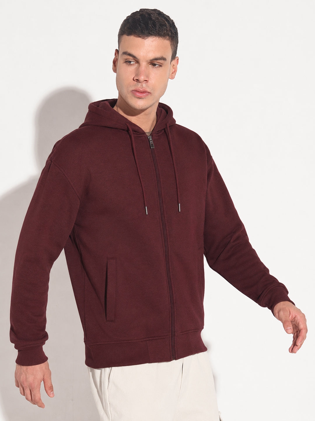 Men’s Maroon 360 GSM Hooded Zip-Up Sweatshirt with Drawstring and Pockets