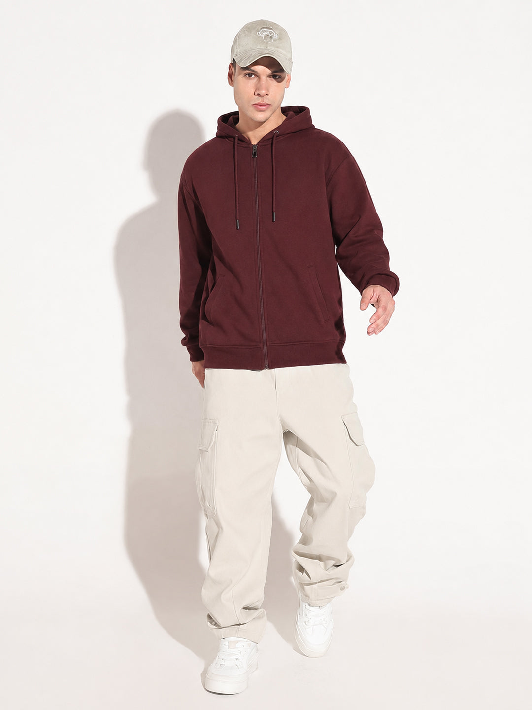 Men’s Maroon 360 GSM Hooded Zip-Up Sweatshirt with Drawstring and Pockets