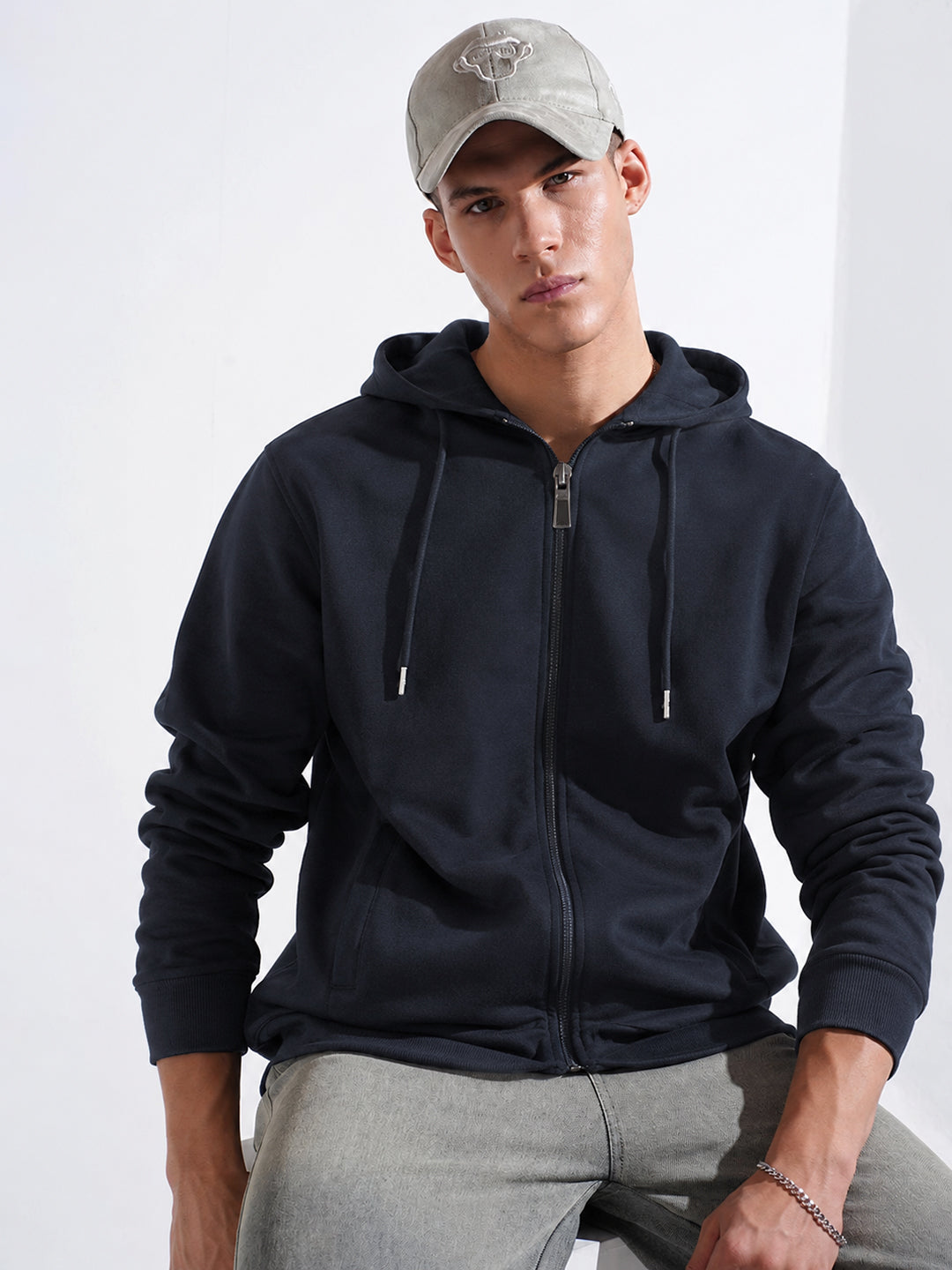Men’s Navy Blue 360 GSM Hooded Zip-Up Sweatshirt with Drawstring and Pockets