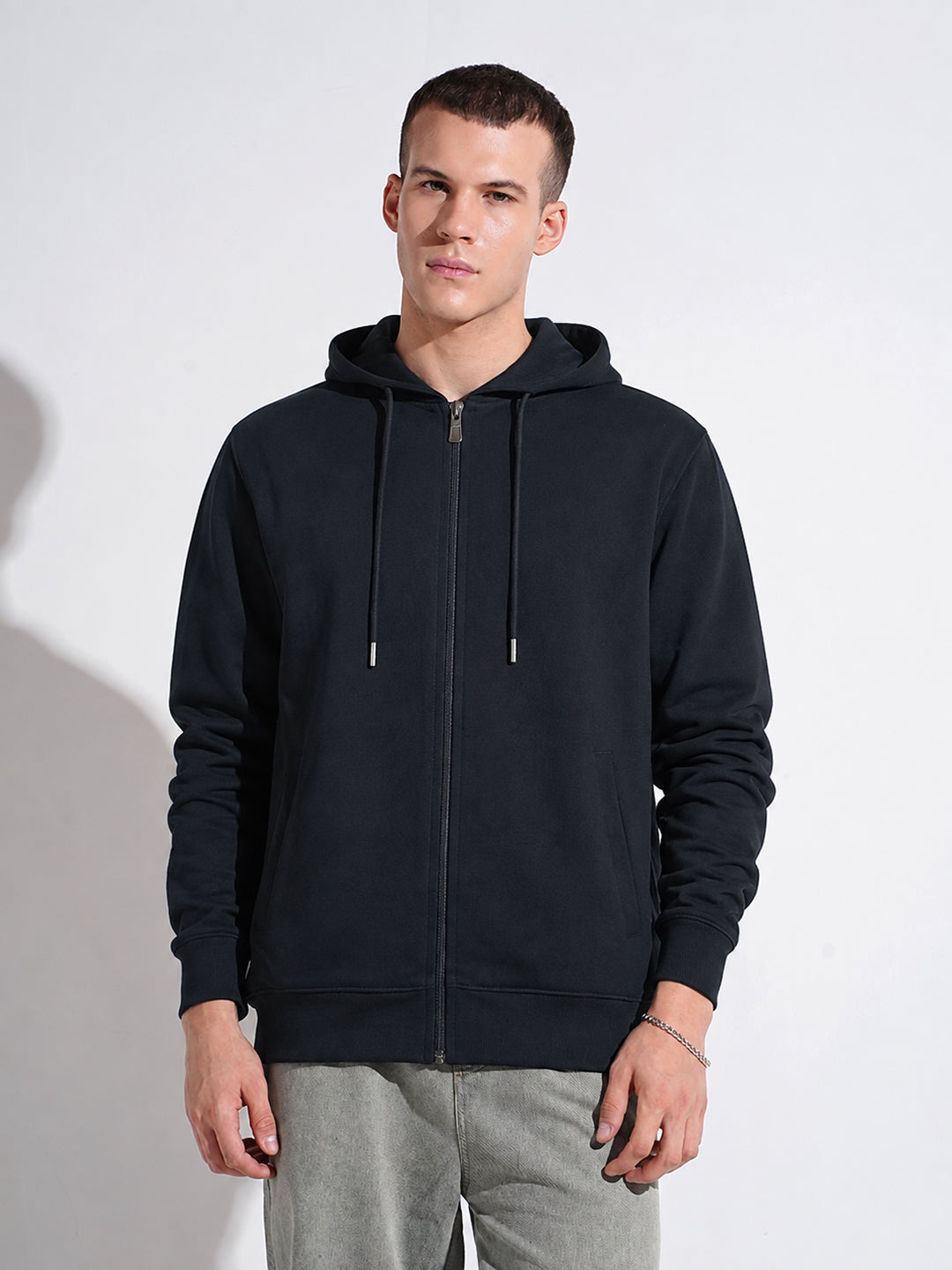 Men’s Navy Blue 360 GSM Hooded Zip-Up Sweatshirt with Drawstring and Pockets