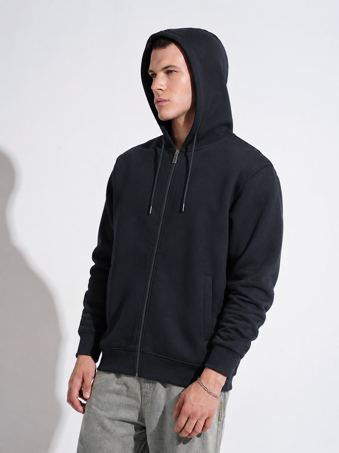 Men’s Navy Blue 360 GSM Hooded Zip-Up Sweatshirt with Drawstring and Pockets