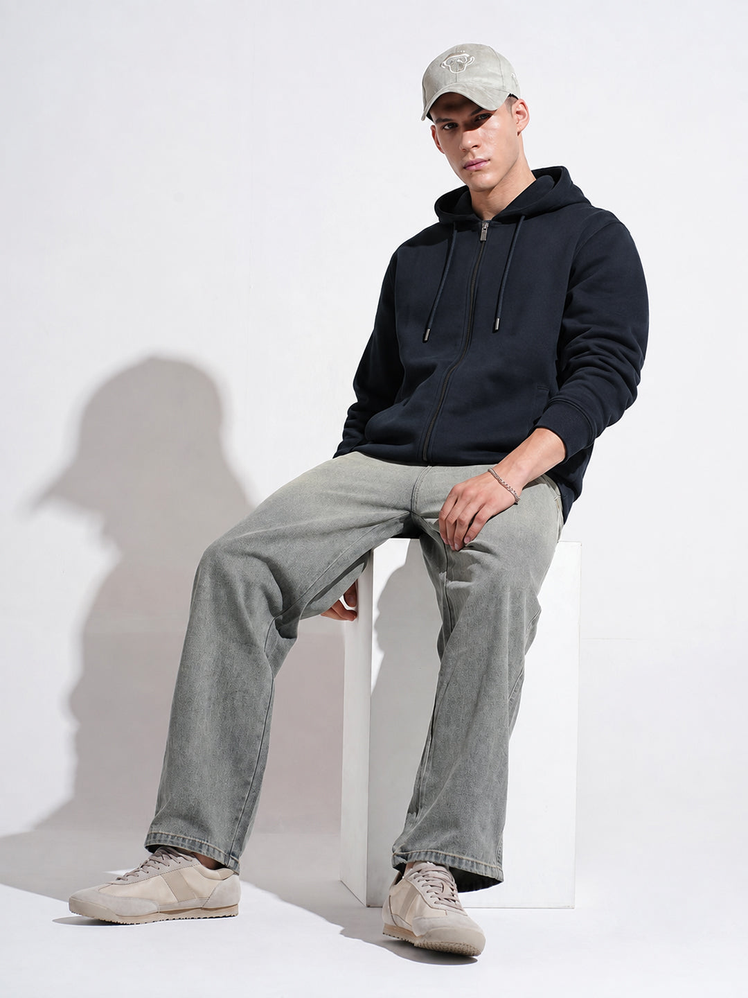 Men’s Navy Blue 360 GSM Hooded Zip-Up Sweatshirt with Drawstring and Pockets