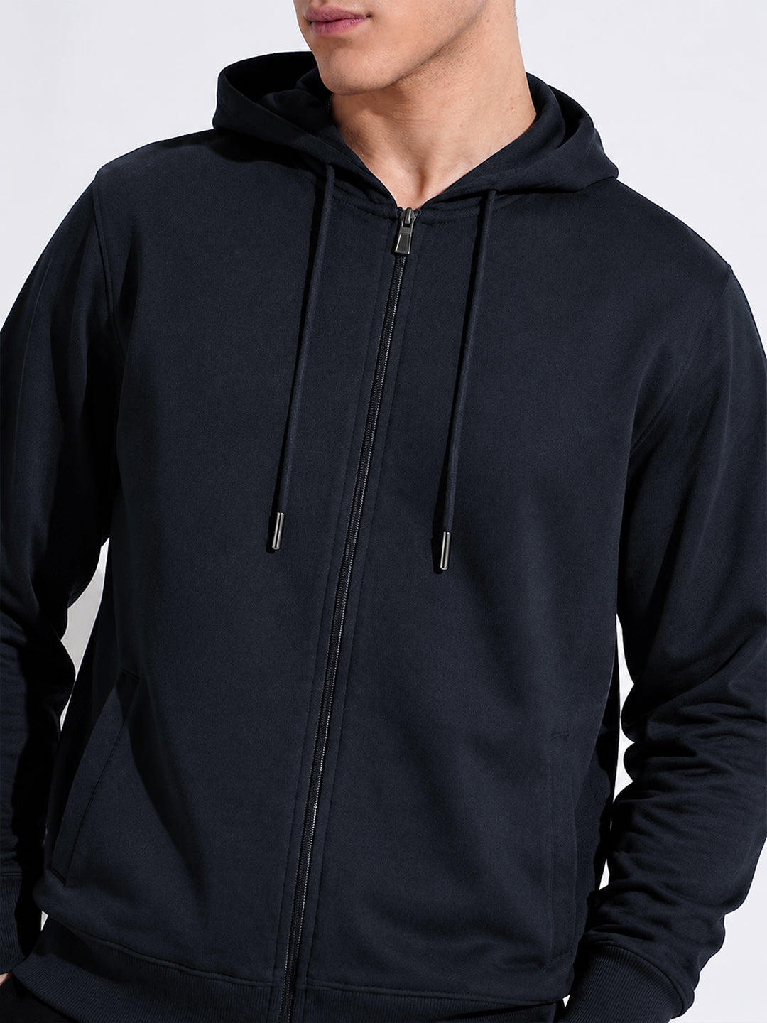 Men’s Navy Blue 360 GSM Hooded Zip-Up Sweatshirt with Drawstring and Pockets