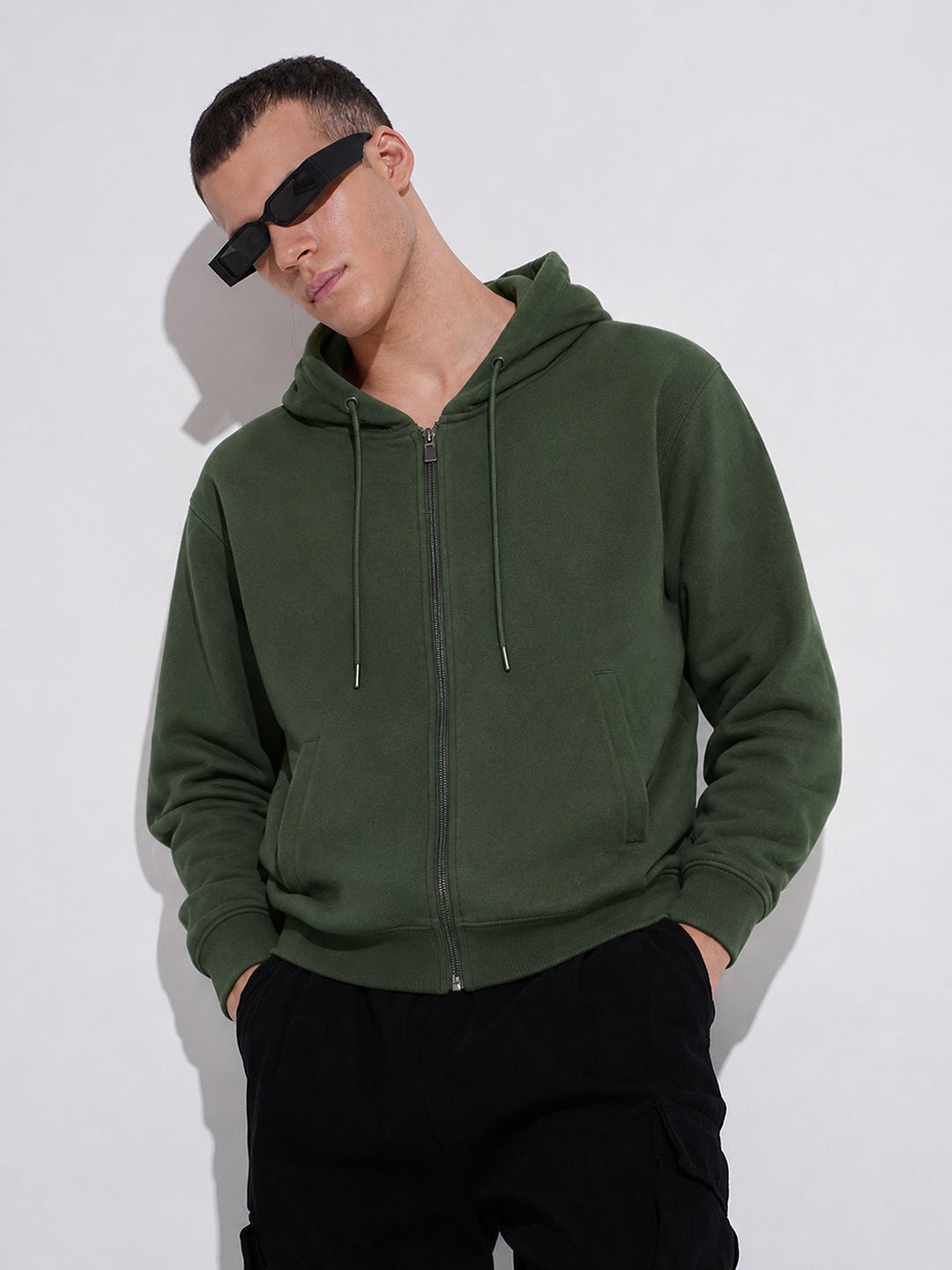 Men’s Olive 360 GSM Hooded Zip-Up Sweatshirt with Drawstring and Pockets