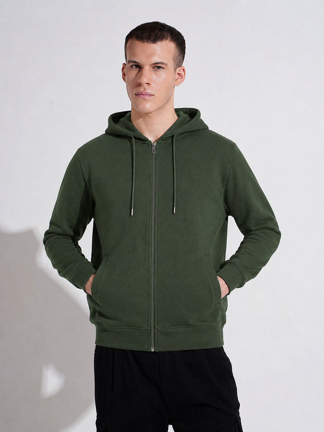 Men’s Olive 360 GSM Hooded Zip-Up Sweatshirt with Drawstring and Pockets