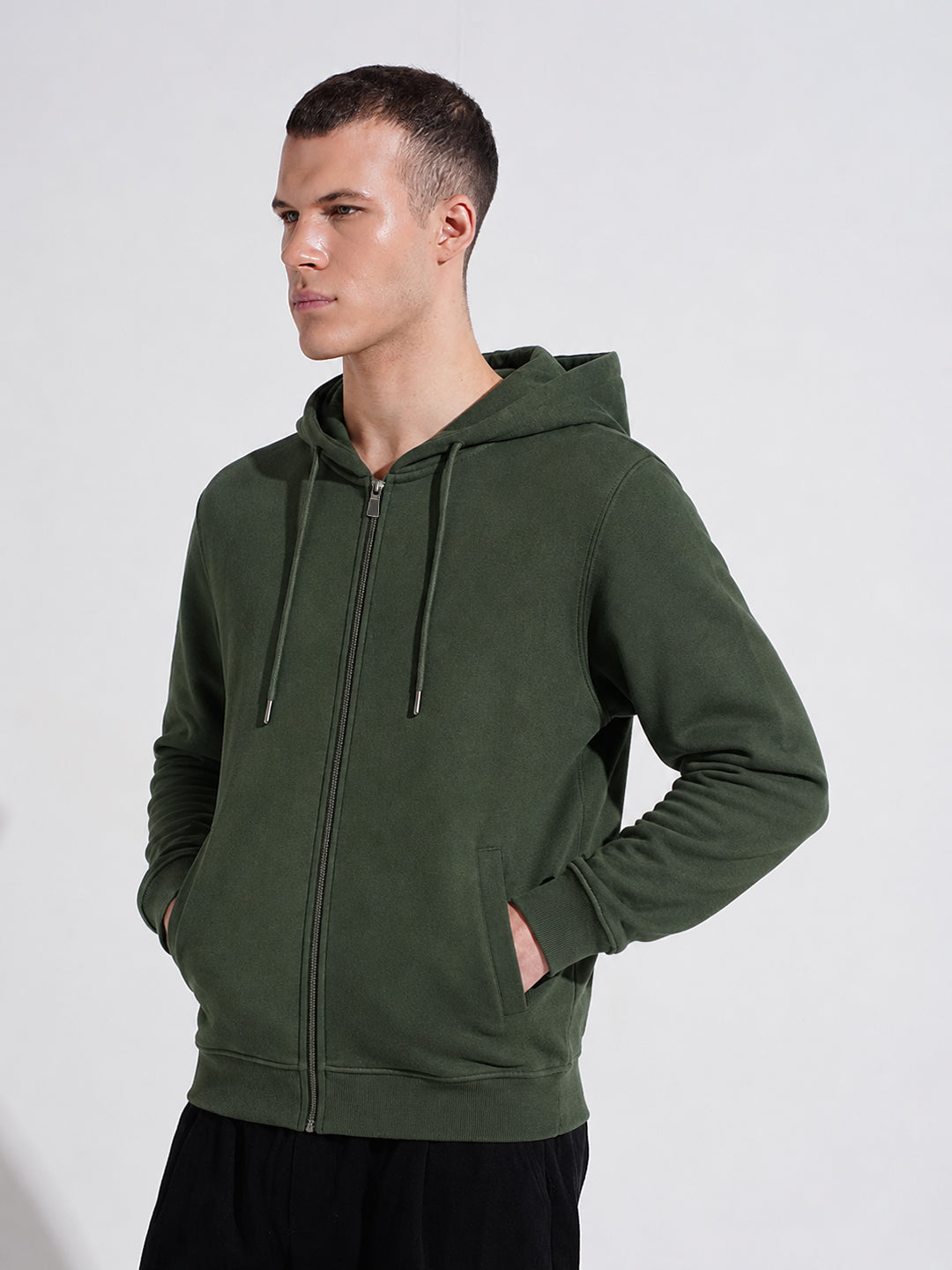 Men’s Olive 360 GSM Hooded Zip-Up Sweatshirt with Drawstring and Pockets
