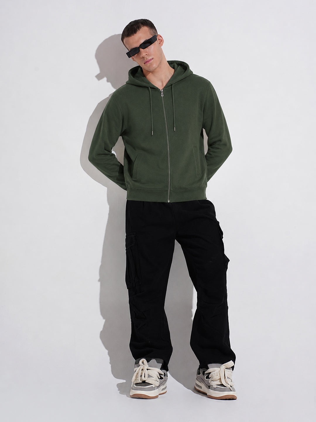 Men’s Olive 360 GSM Hooded Zip-Up Sweatshirt with Drawstring and Pockets