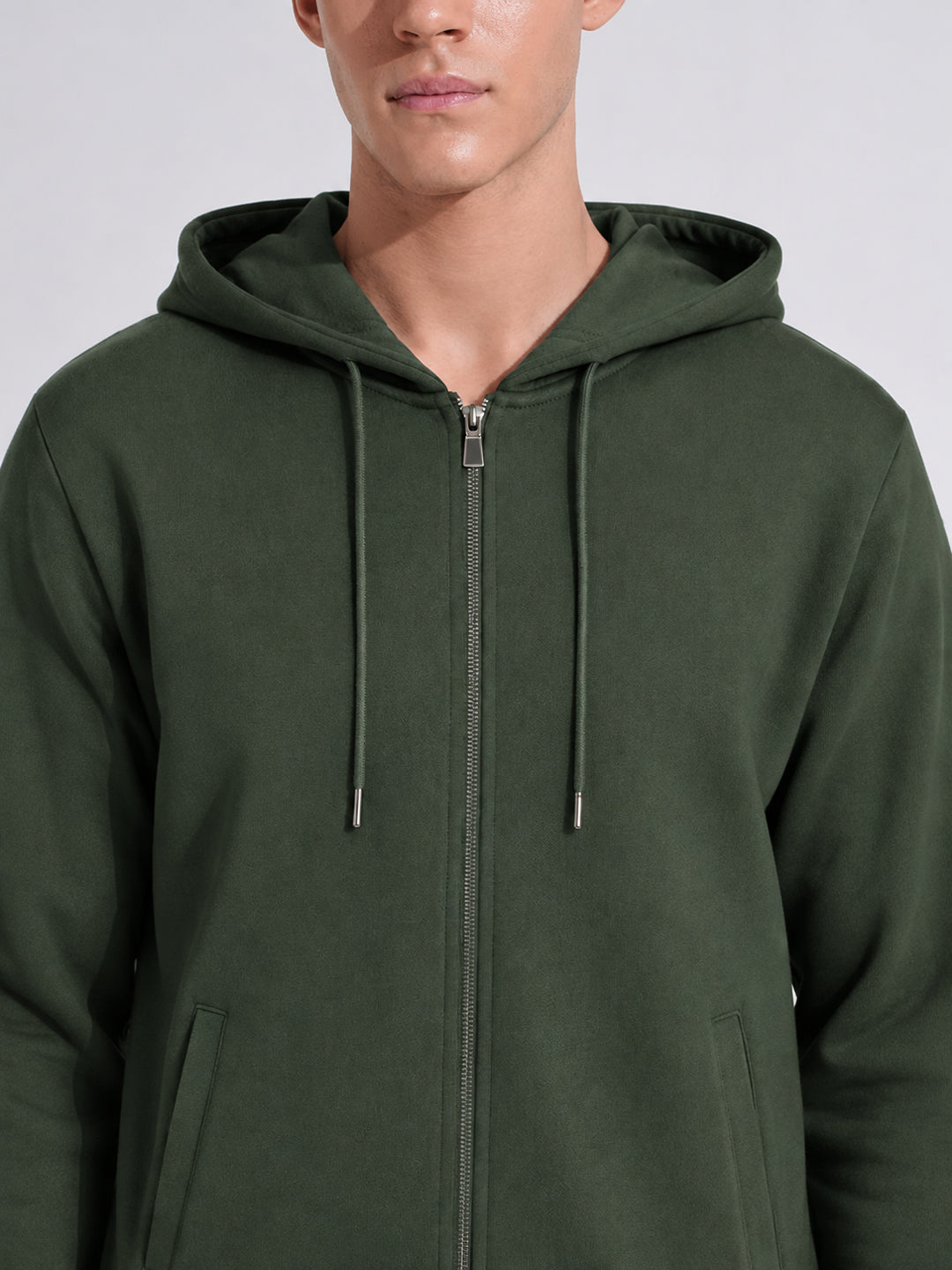 Men’s Olive 360 GSM Hooded Zip-Up Sweatshirt with Drawstring and Pockets