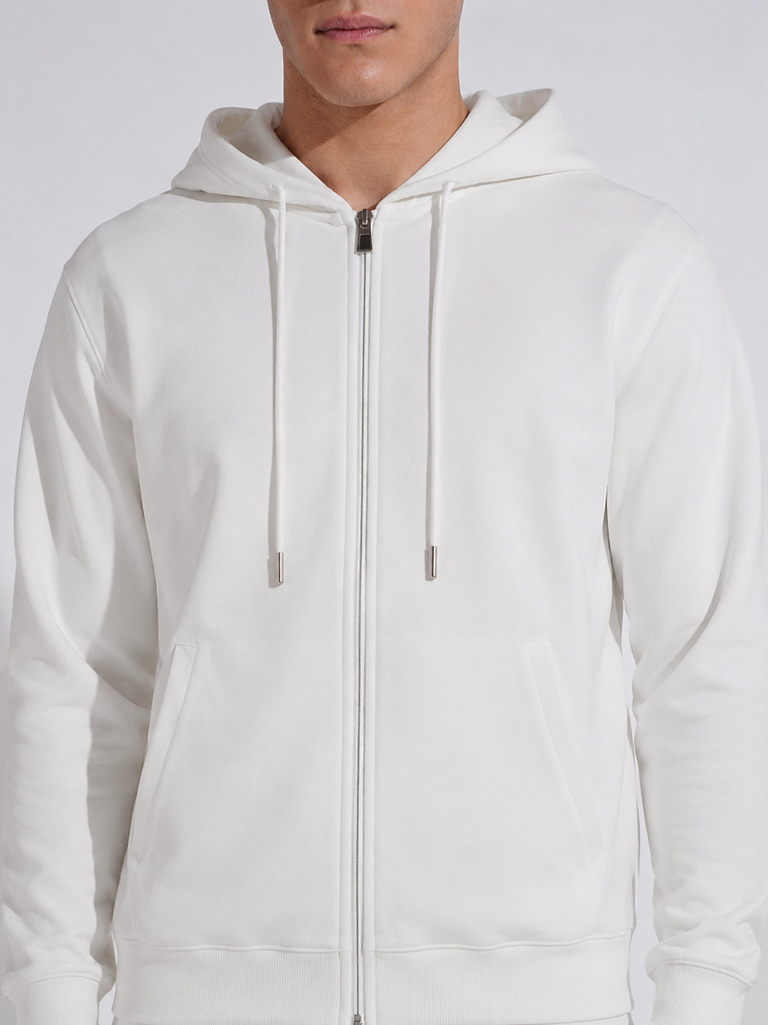 Men’s White 360 GSM Hooded Zip-Up Sweatshirt with Drawstring and Pockets