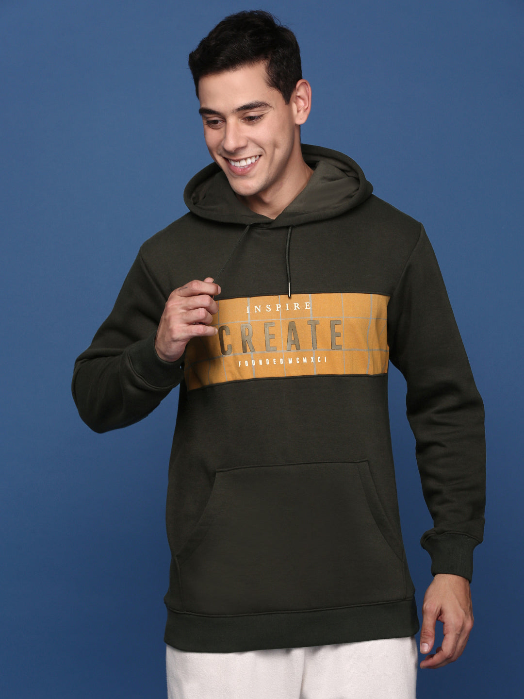 Men Hooded Printed Green Pullover