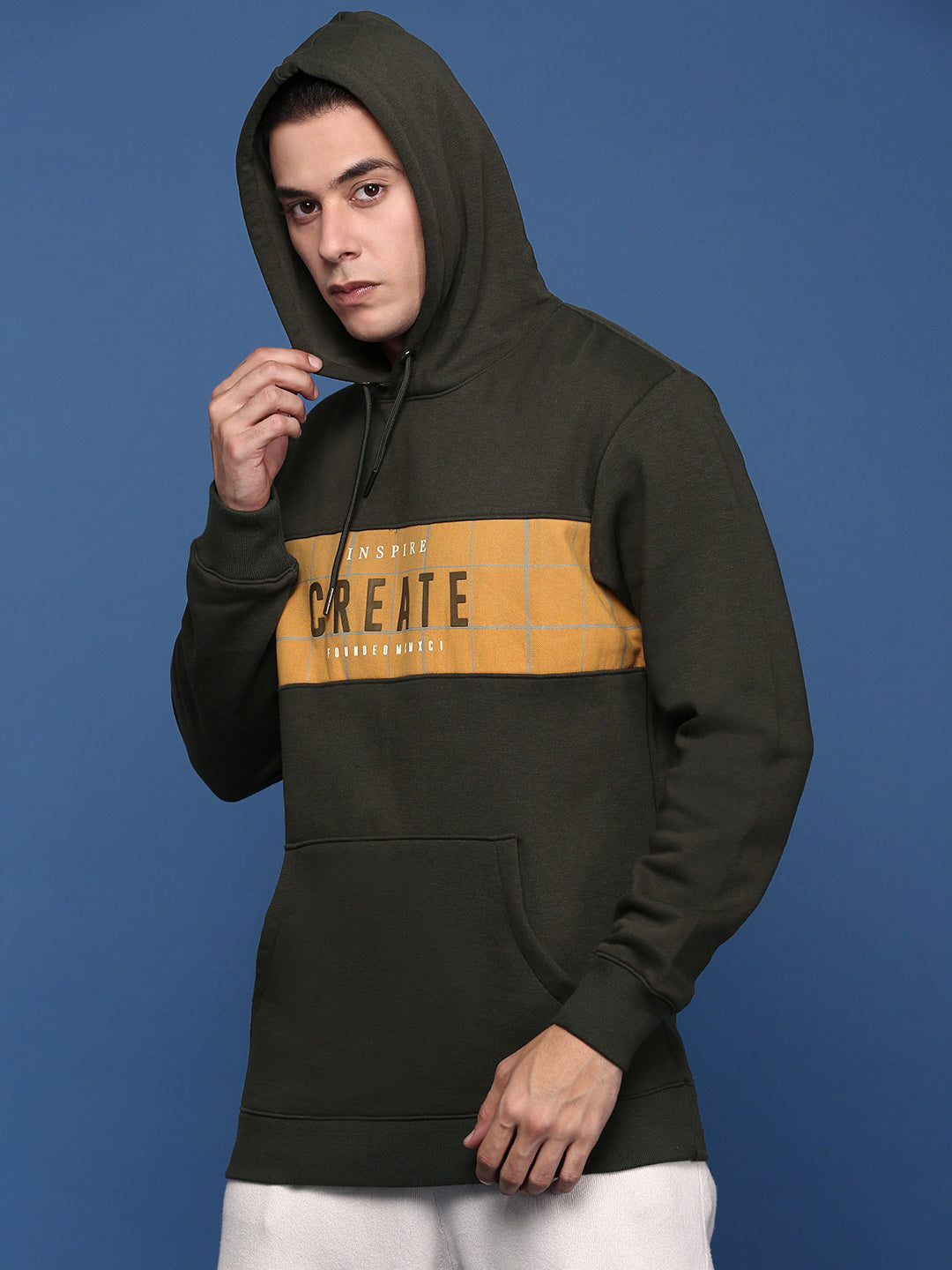 Men Hooded Printed Green Pullover