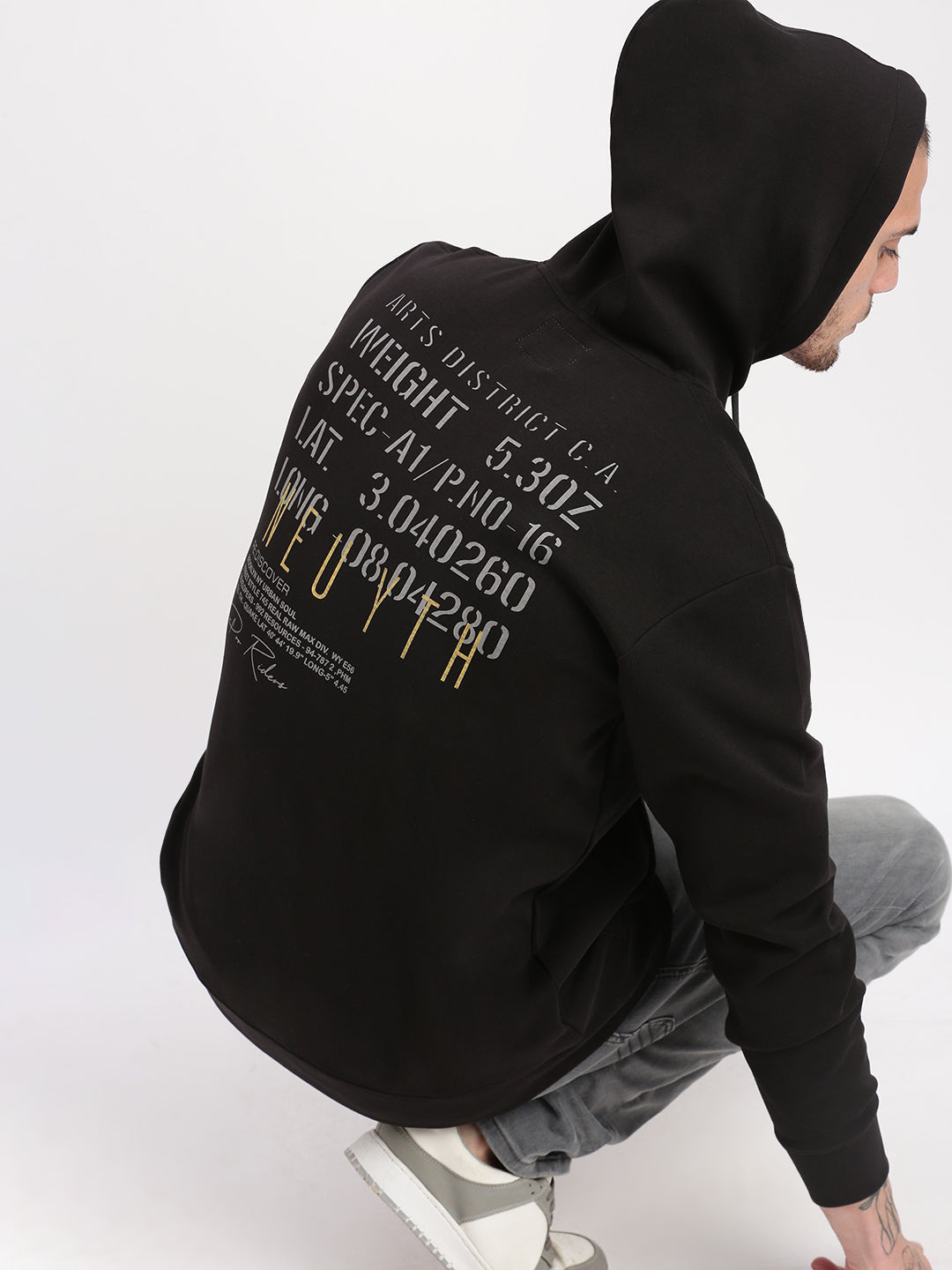 Men Black Graphic Hooded Pullover