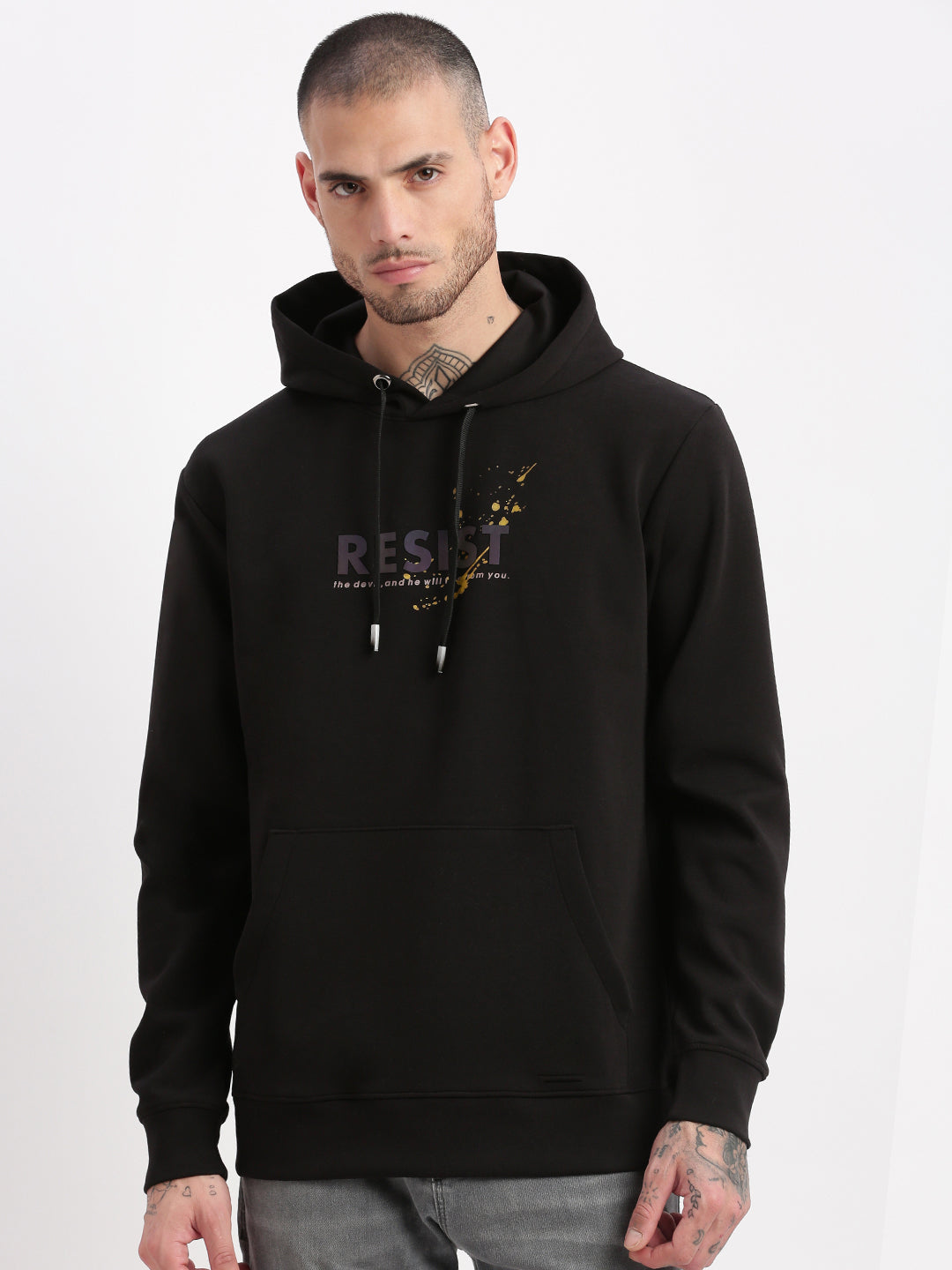 Men Black Graphic Hooded Pullover