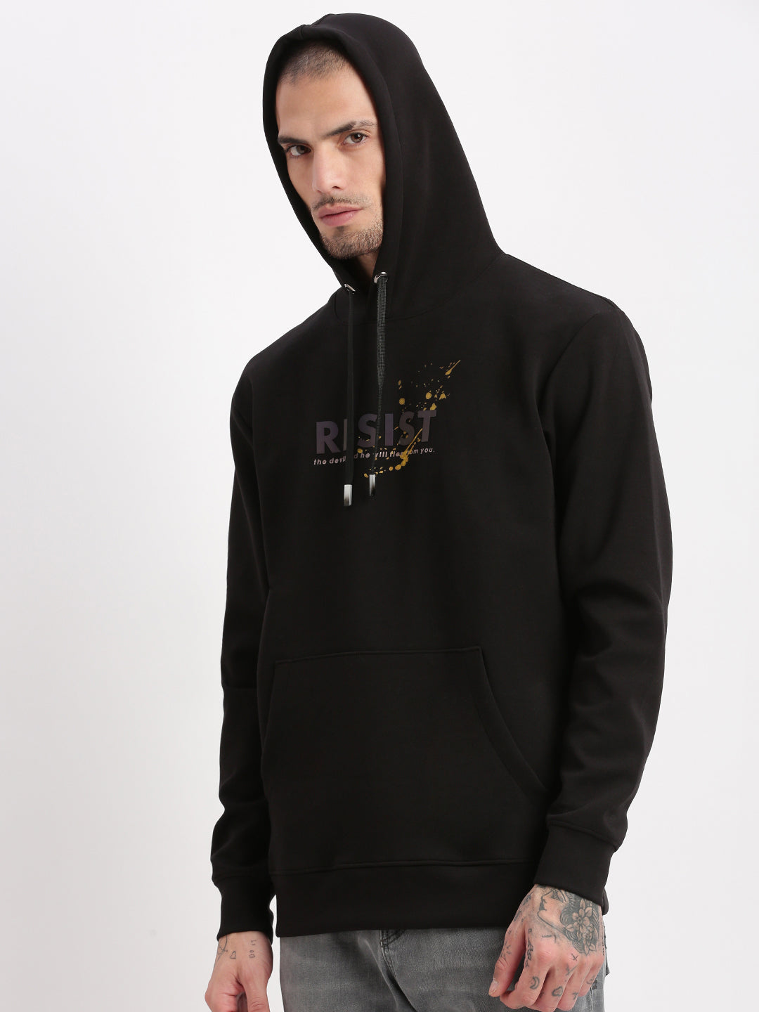 Men Black Graphic Hooded Pullover