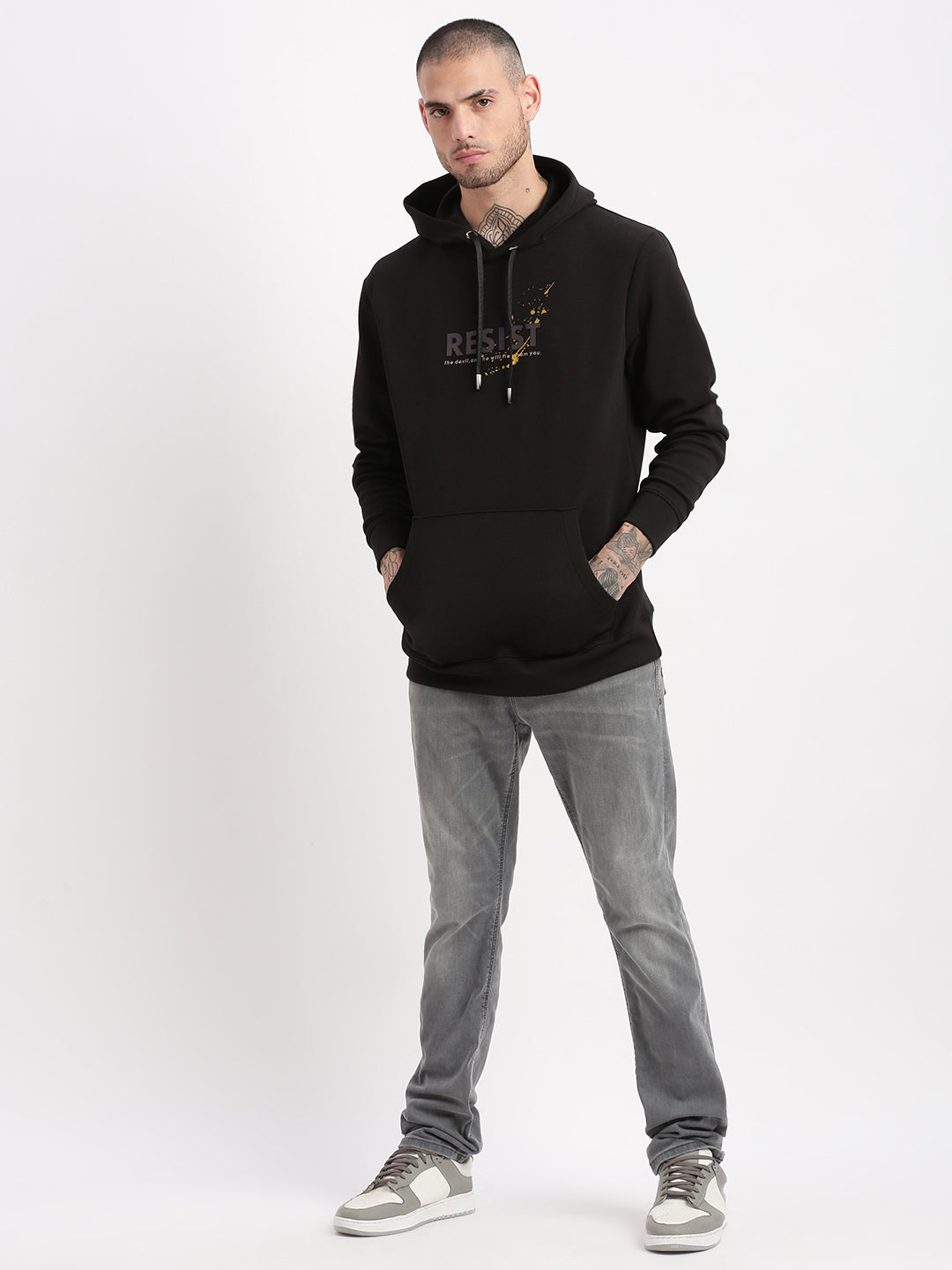 Men Black Graphic Hooded Pullover