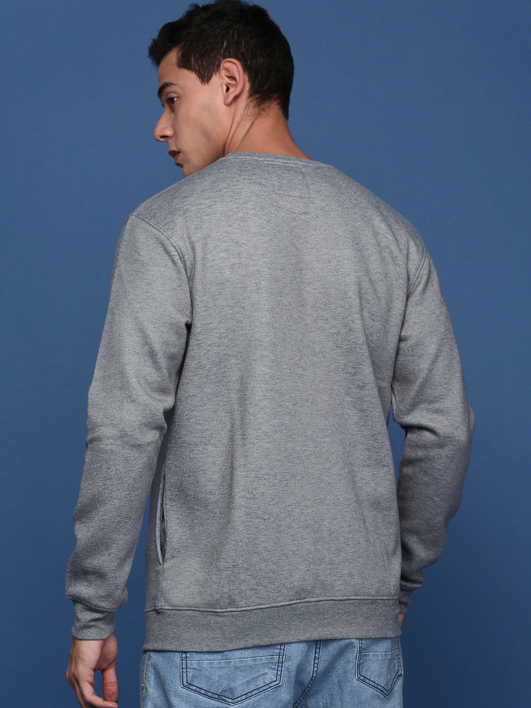 Men Round Neck Solid Grey Pullover