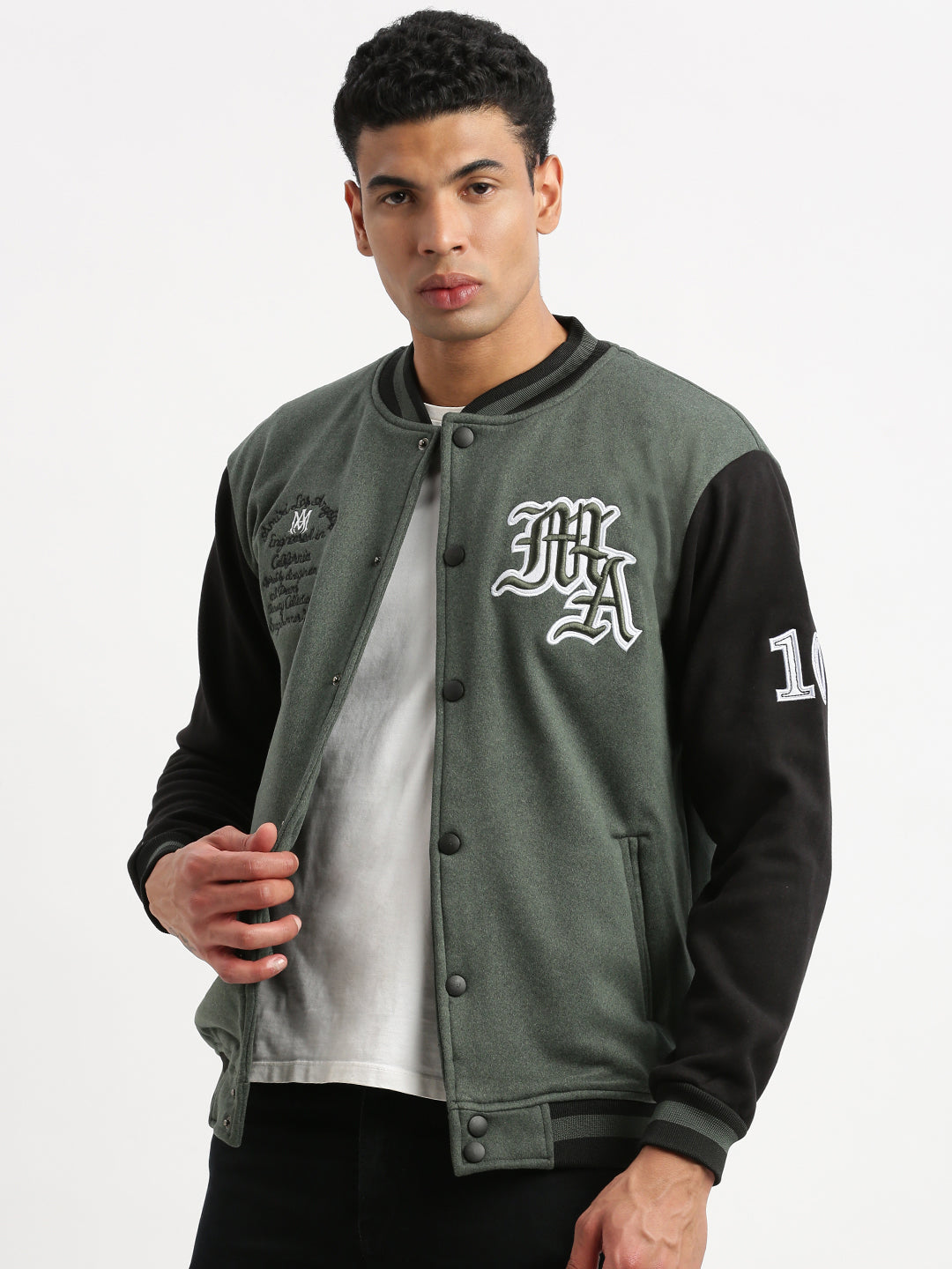 Men's Mandarin Collar Green Colourblocked Varsity Jacket