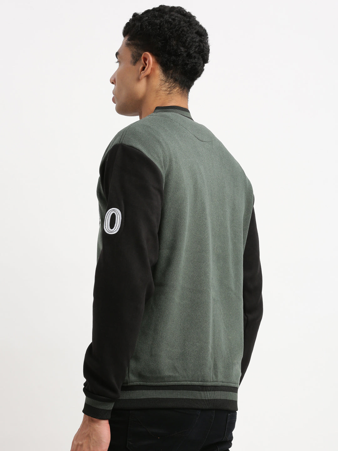 Men's Mandarin Collar Green Colourblocked Varsity Jacket