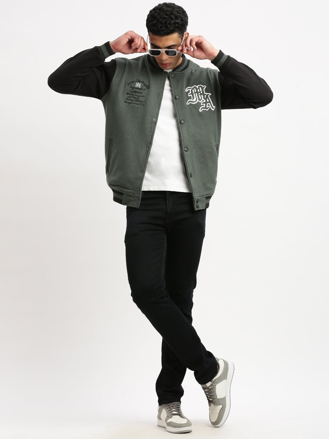 Men's Mandarin Collar Green Colourblocked Varsity Jacket
