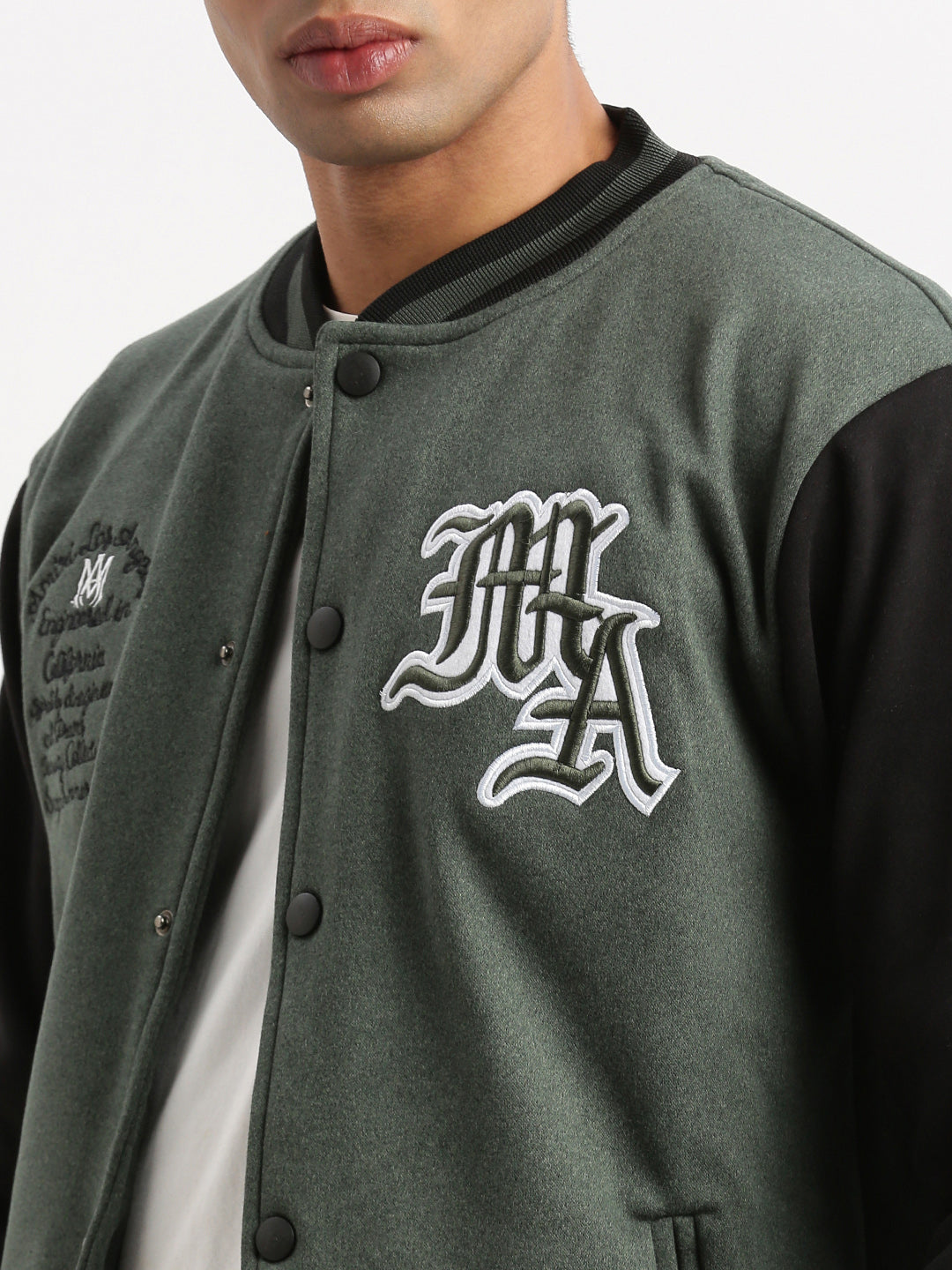 Men's Mandarin Collar Green Colourblocked Varsity Jacket