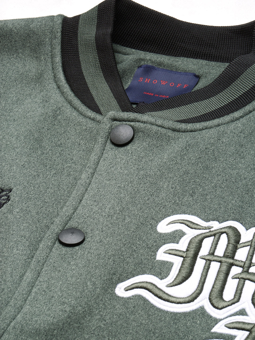 Men's Mandarin Collar Green Colourblocked Varsity Jacket