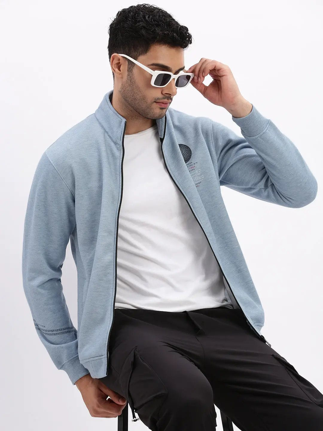 Men's Mock Collar Blue Solid Tailored Jacket