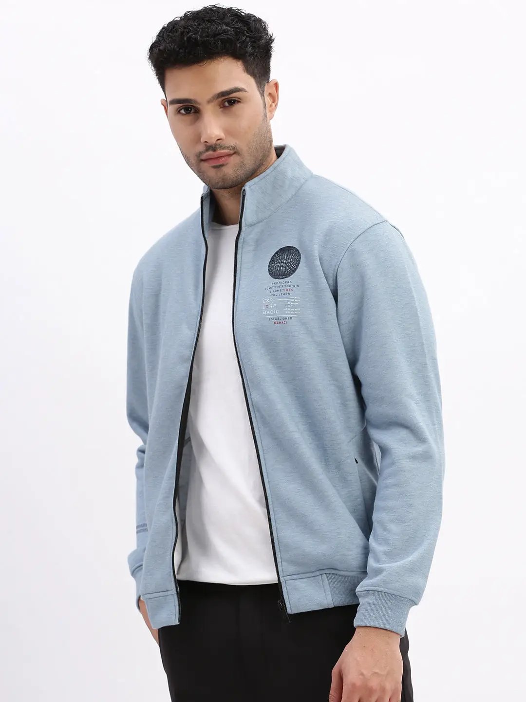 Men's Mock Collar Blue Solid Tailored Jacket