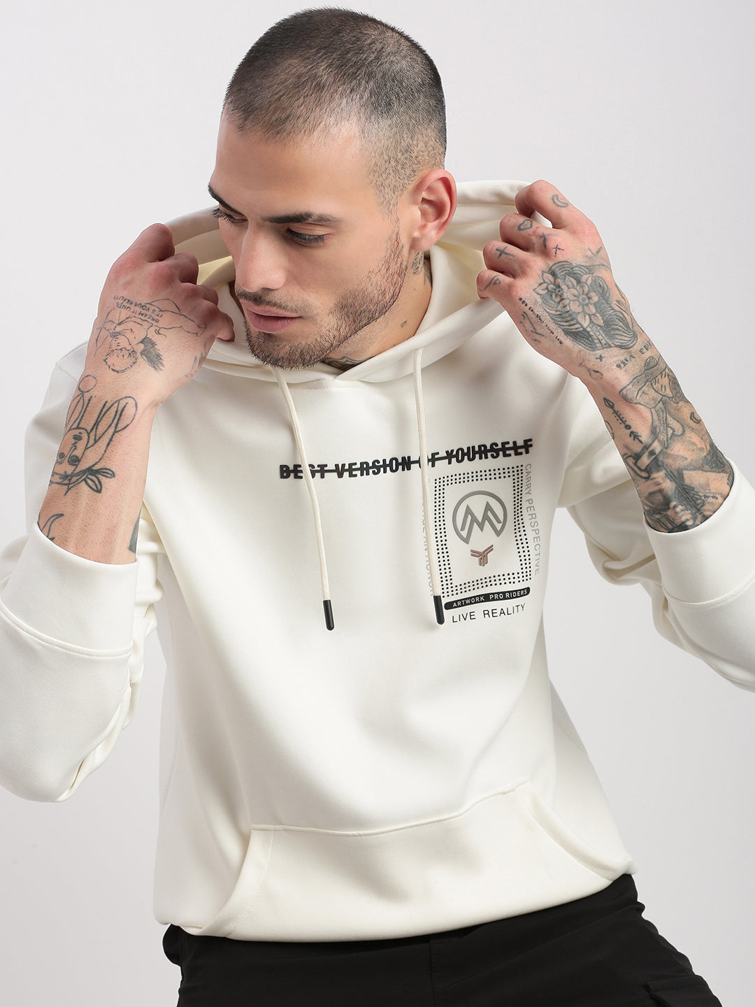 Men Off White Solid Hooded Pullover