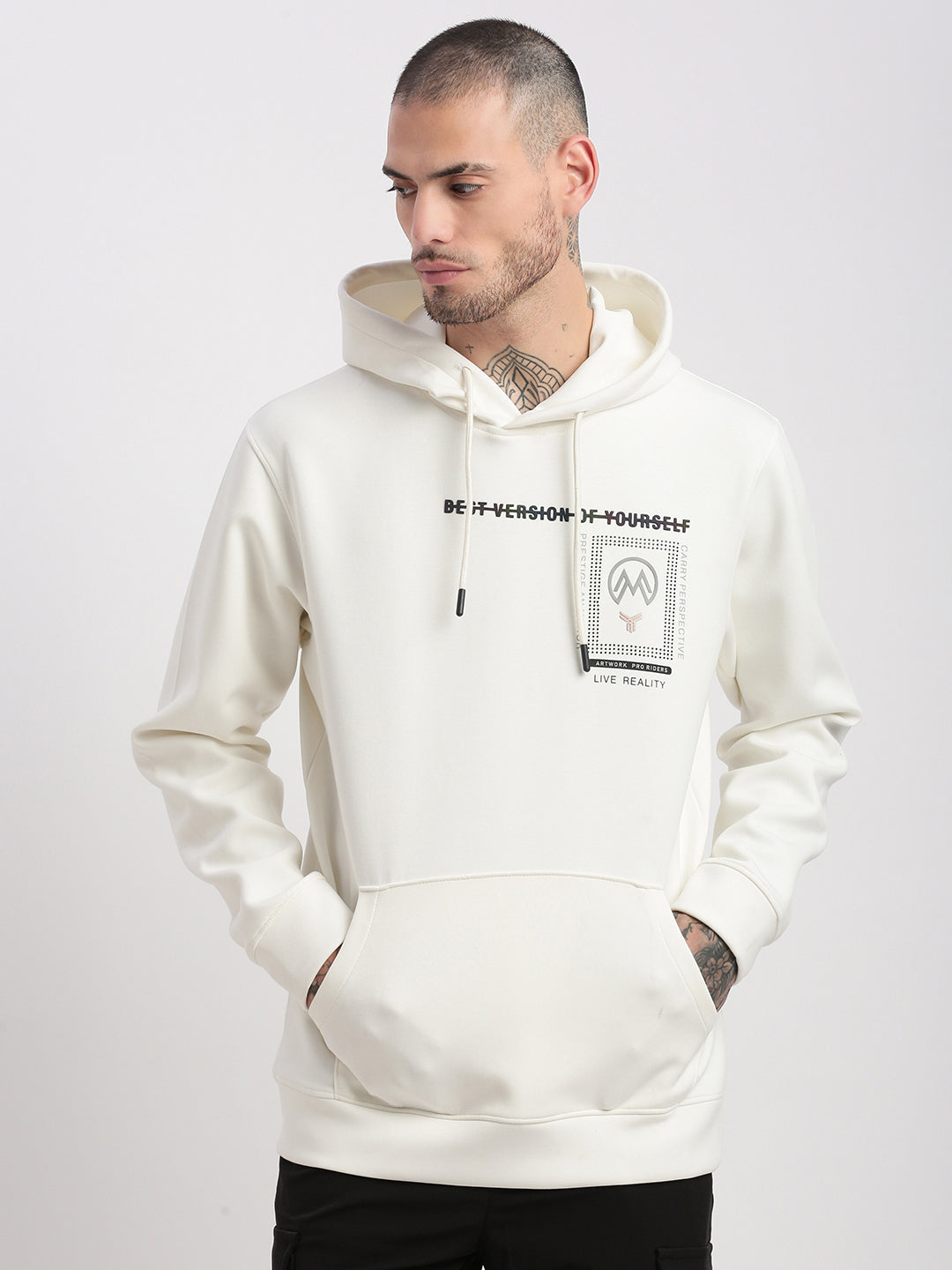 Men Off White Solid Hooded Pullover